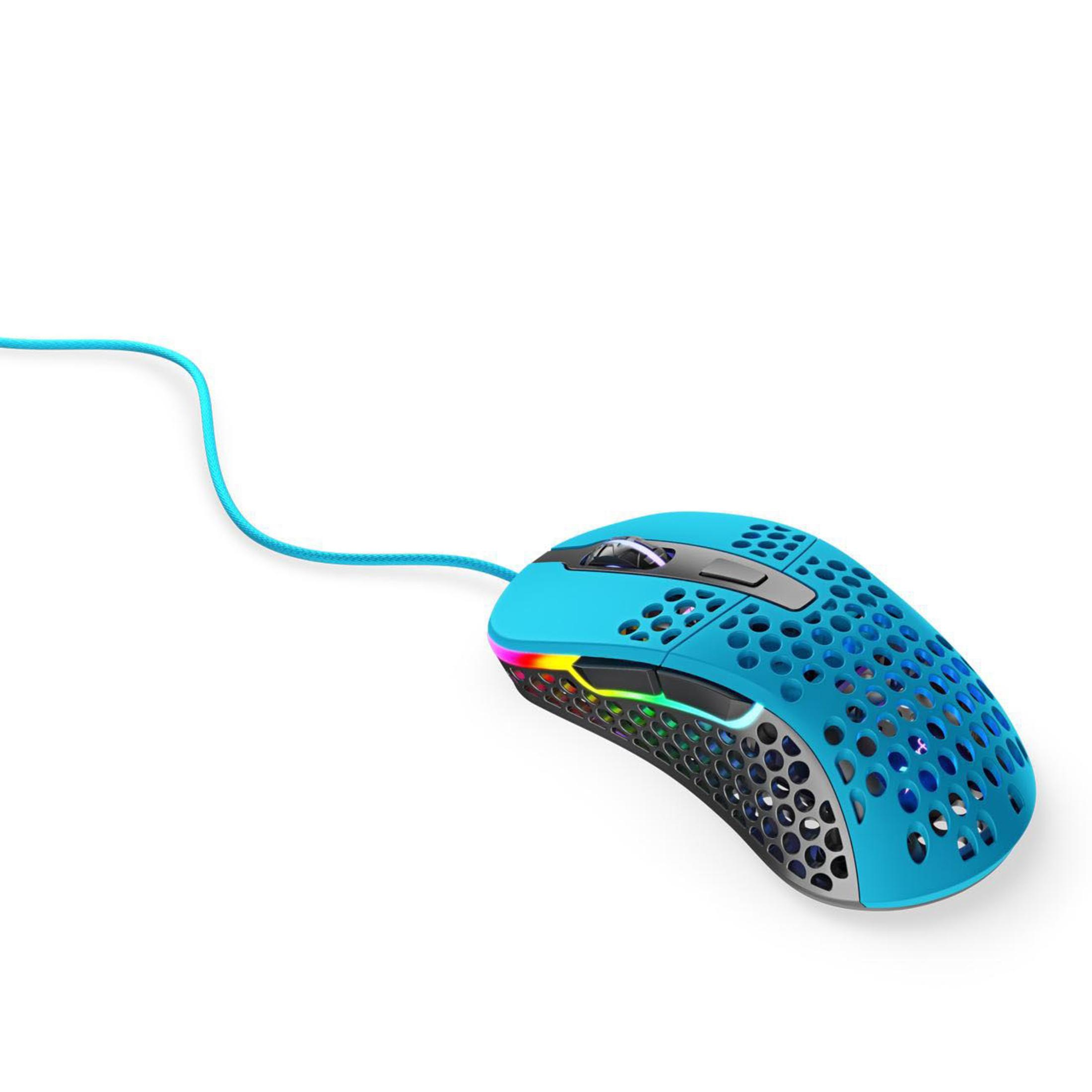 Mouse da gioco blu. Sfondo bianco.