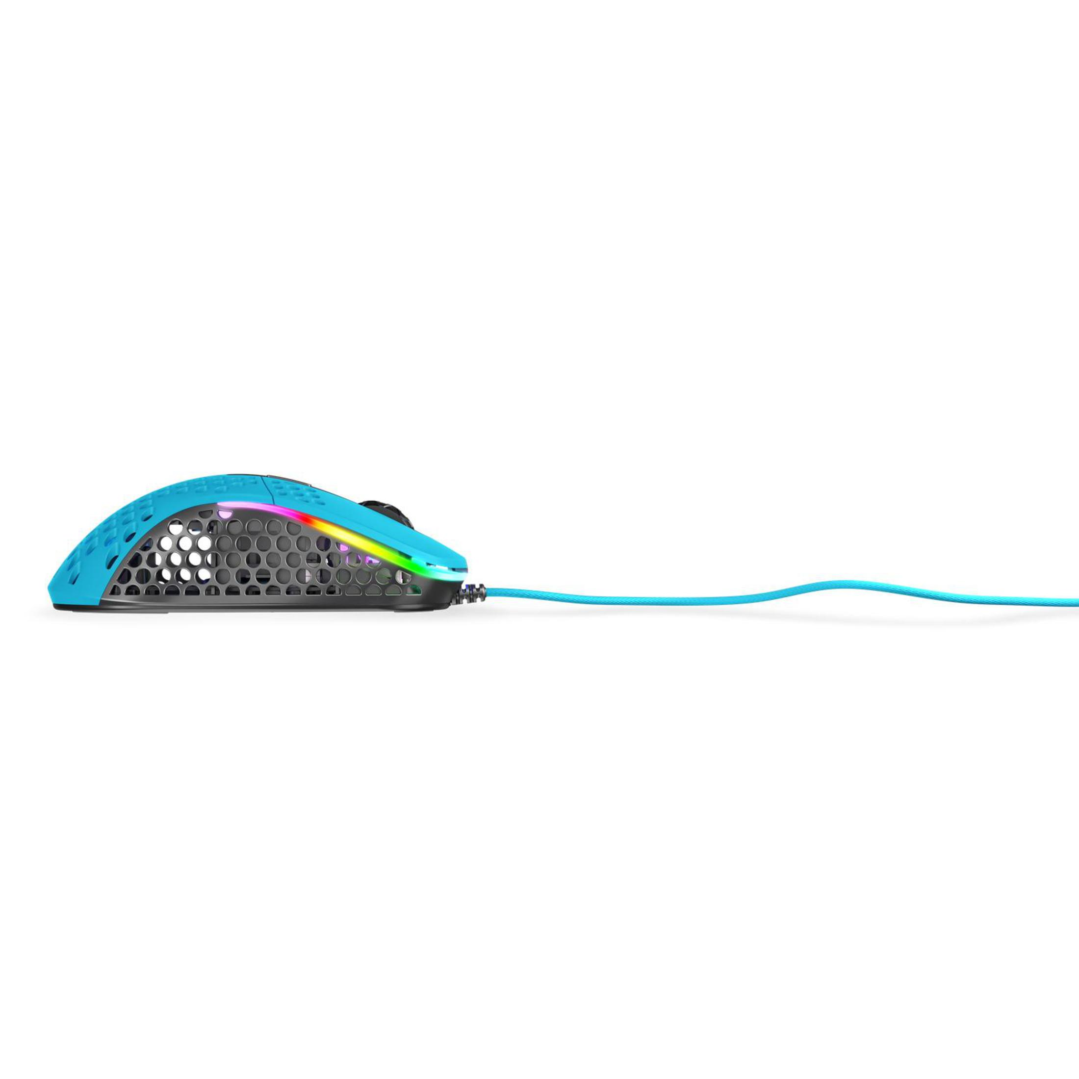 Mouse da gioco blu con luci colorate e lungo cavo blu, su sfondo bianco.