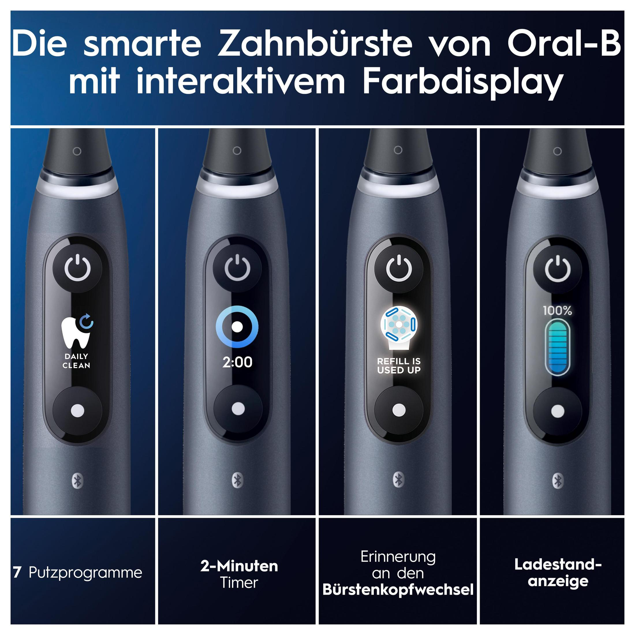 Zbliżenie inteligentnej szczoteczki Oral-B z różnymi wyświetlaczami.