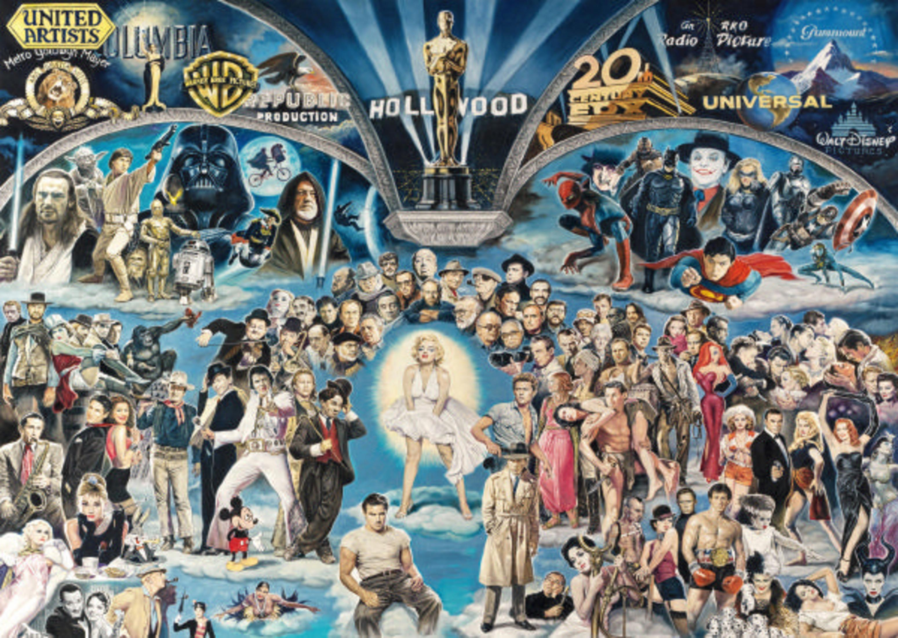Collage de estrellas de cine. Letrero de Hollywood, varios actores y personajes de diferentes películas.