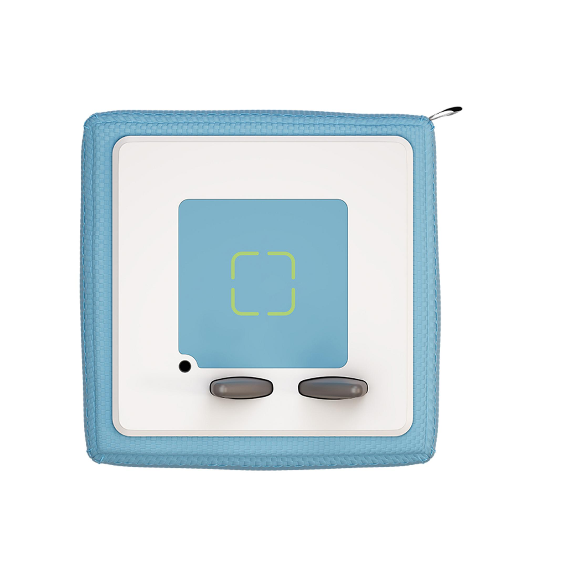 Juguete azul y blanco en forma de cubo con dos botones grises y una pantalla.