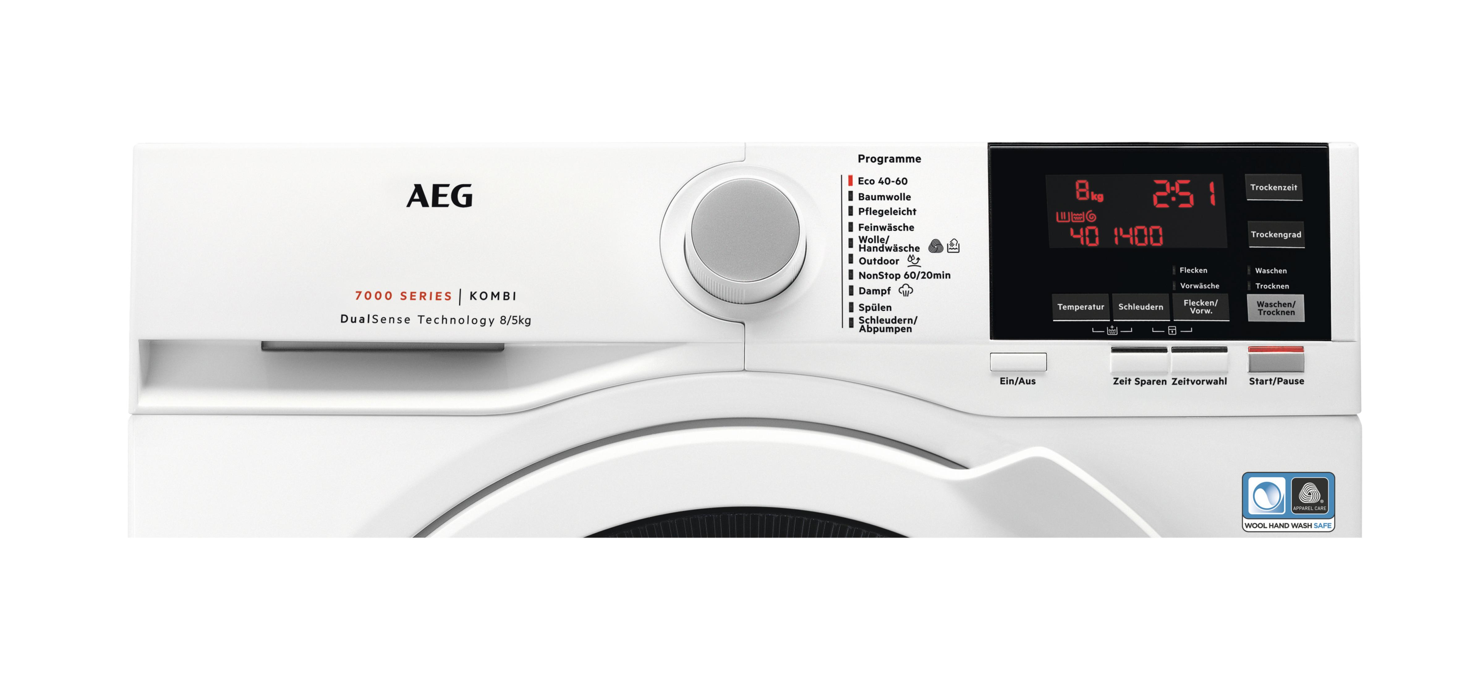 AEG 7000 Serie Waschmaschine, weiß, Frontansicht. Bedienfeld mit Display und Knöpfen.