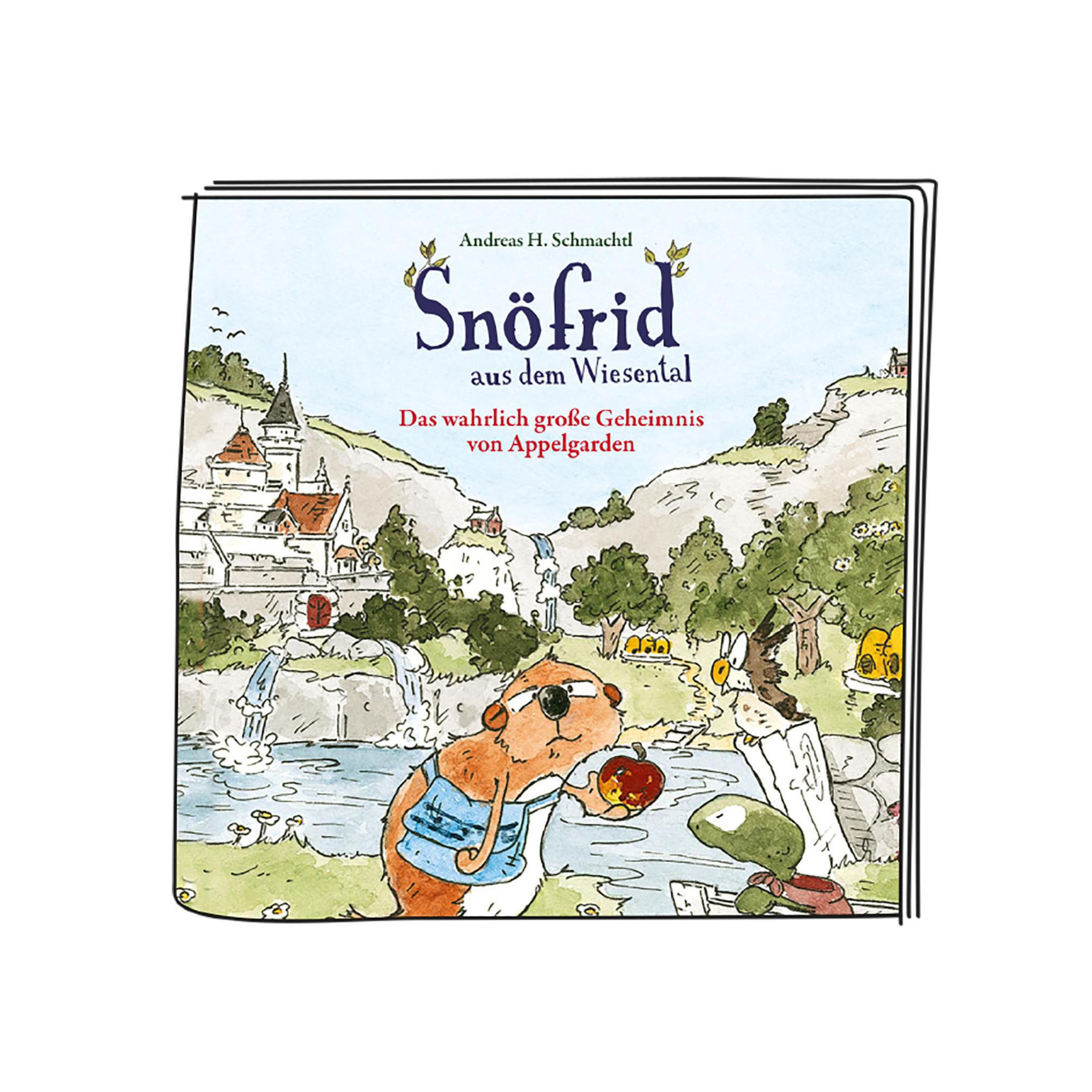 Illustration aus einem Buch mit einem Cartoon eines Hamsters, der einen Apfel in einer Landschaft hält.
