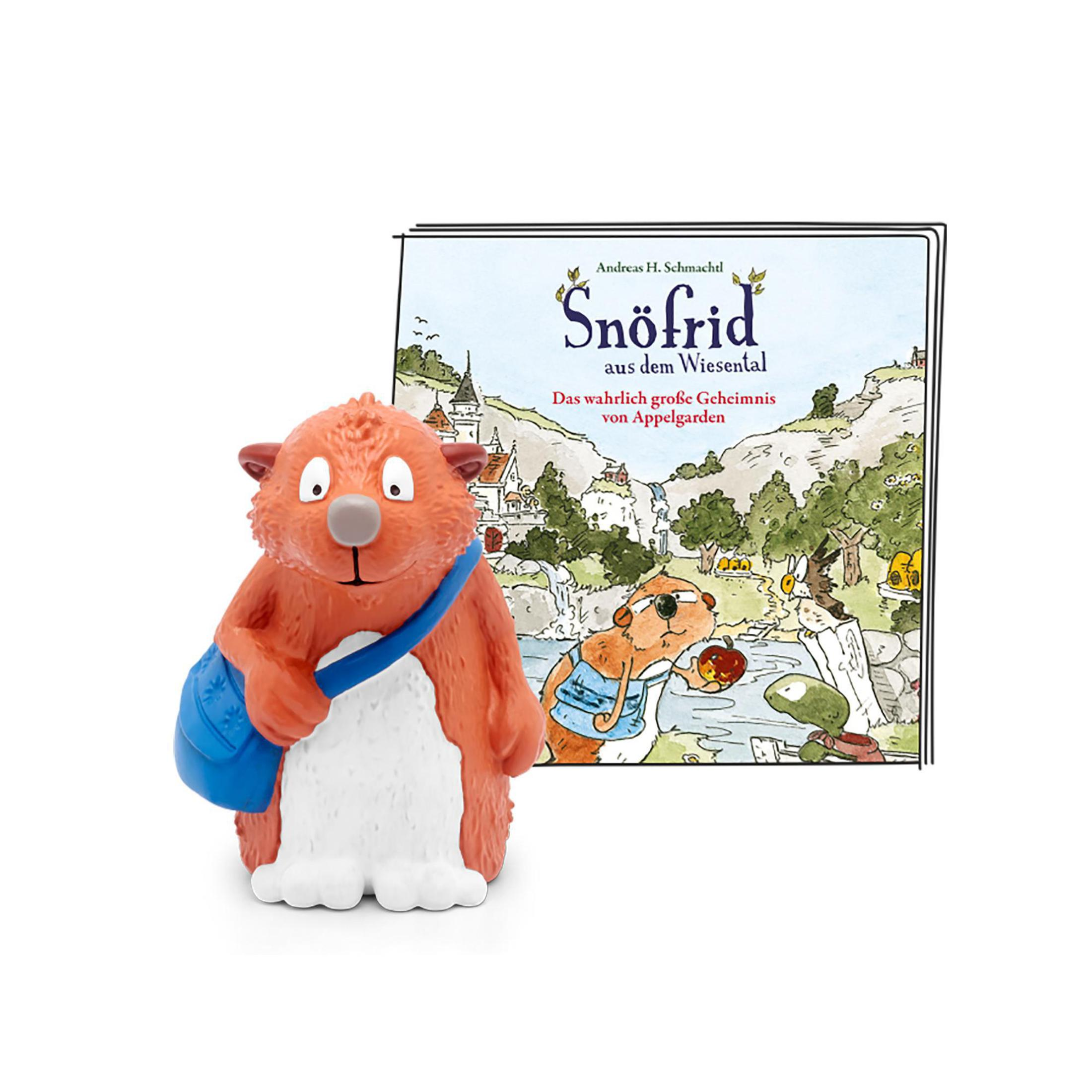 Eine Cartoon-Bärenfigur mit einem Buch mit dem Titel "Snöfrid" vor weißem Hintergrund.