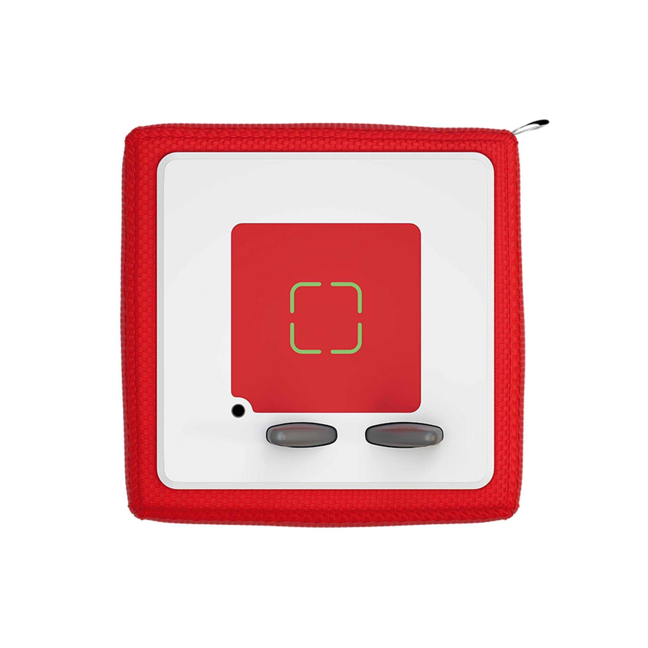 Un dispositivo rojo en forma de cubo con un centro blanco y dos botones grises.