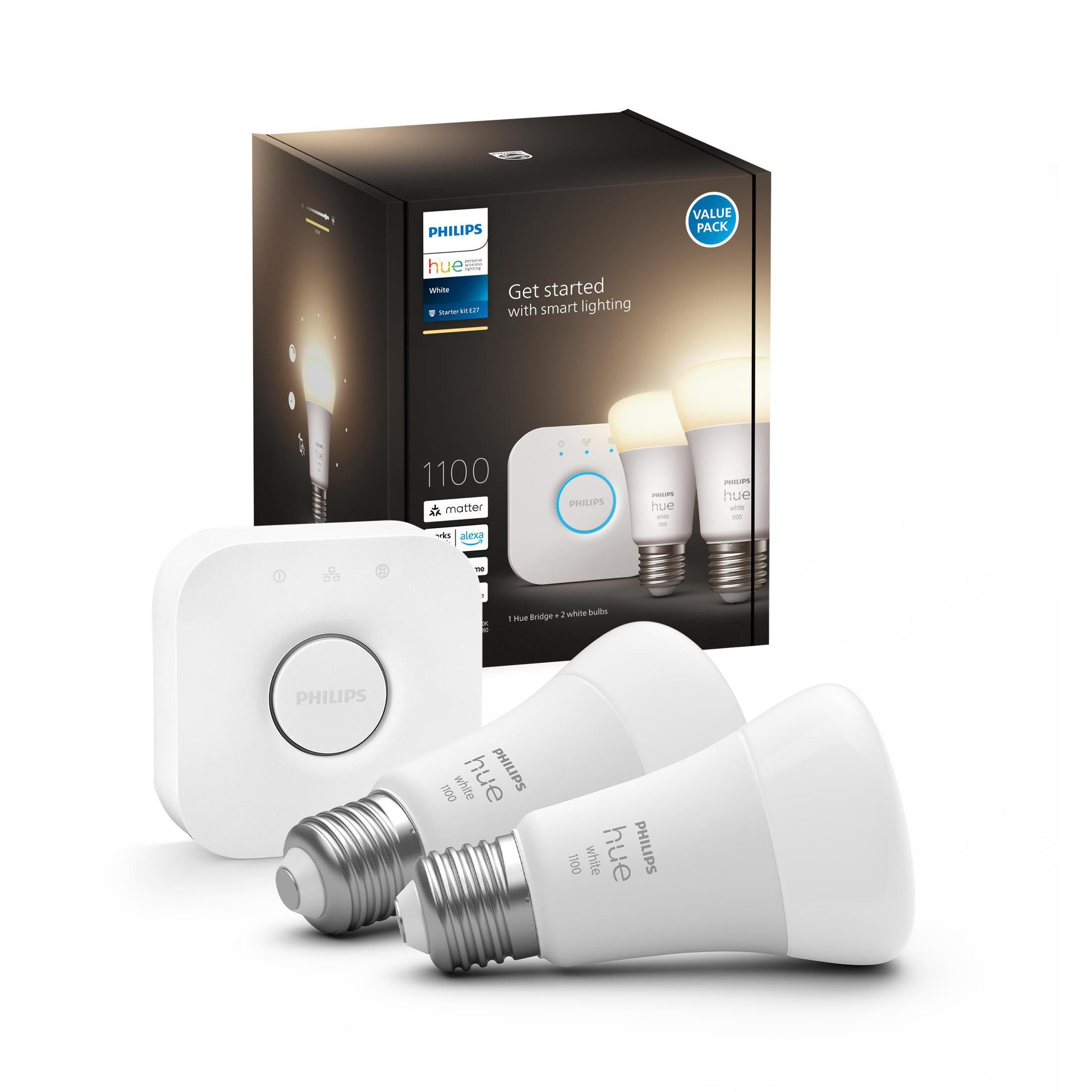 Philips Hue Smart-Lighting-Kit. Enthält eine Bridge, zwei Glühbirnen und eine Box mit Produktinfos.