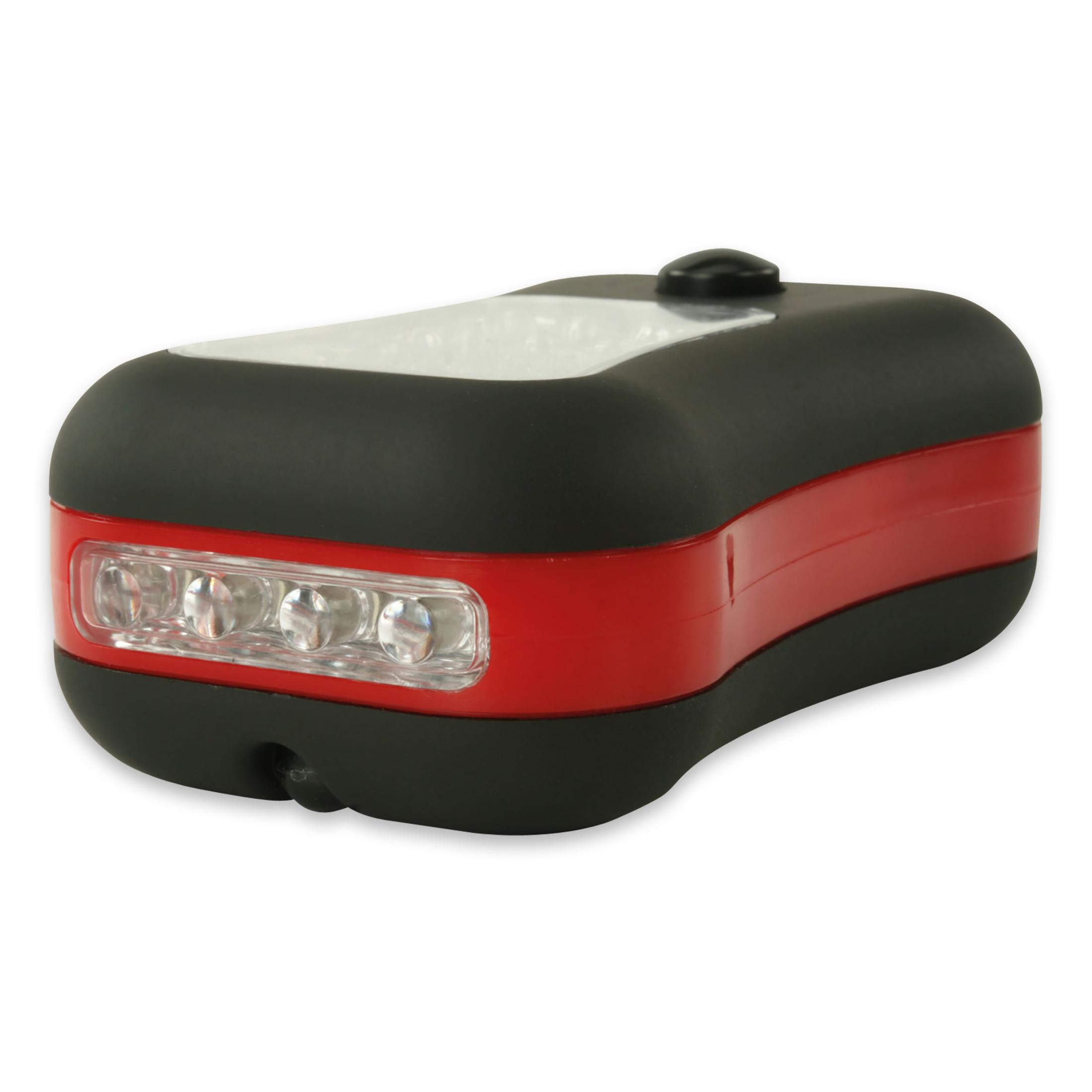 Rote und schwarze Taschenlampe. Fünf LEDs. Kleine Größe. Schwarzer Knopf oben. Weißer Hintergrund.