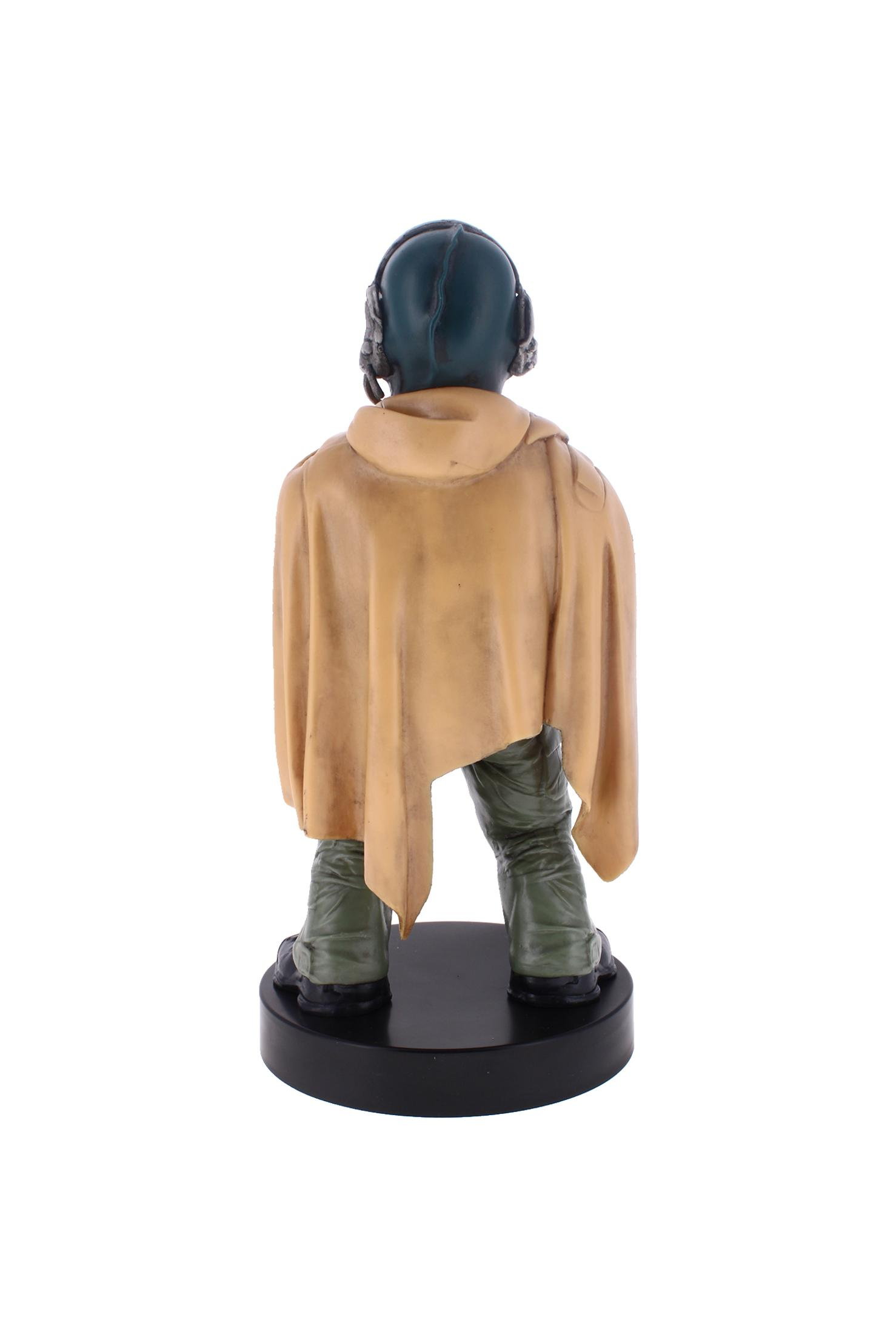 Vista posteriore di una statuina. Indossa un cappuccio e un mantello. È in piedi su una base nera.