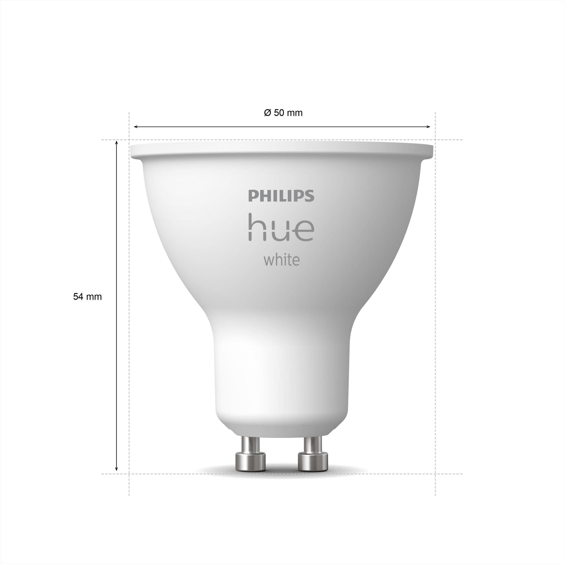 Biała żarówka Philips Hue z wymiarami i informacjami o marce.
