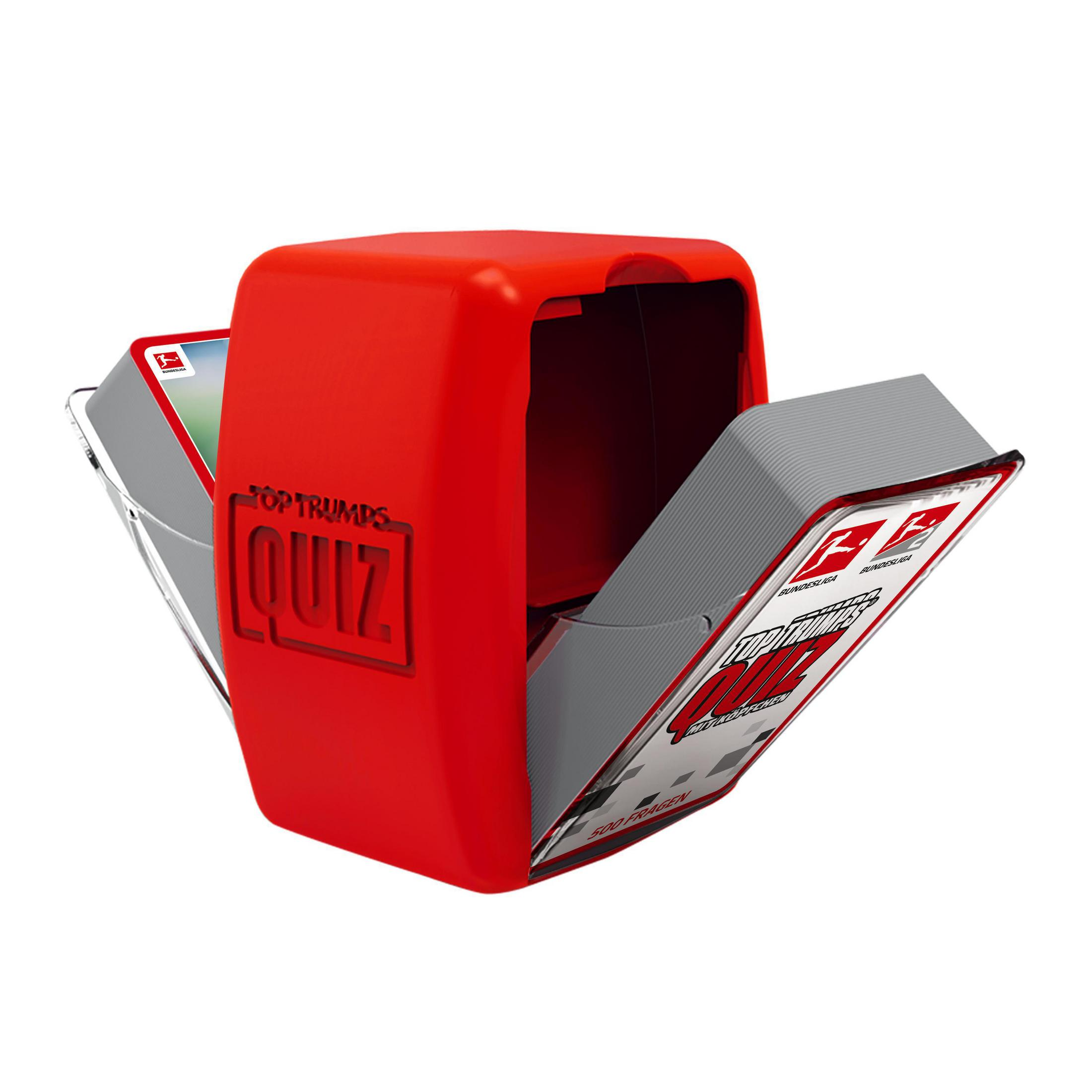 Eine rote Top Trumps Quiz-Box mit teilweise sichtbaren Karten. Die Box ist geöffnet.