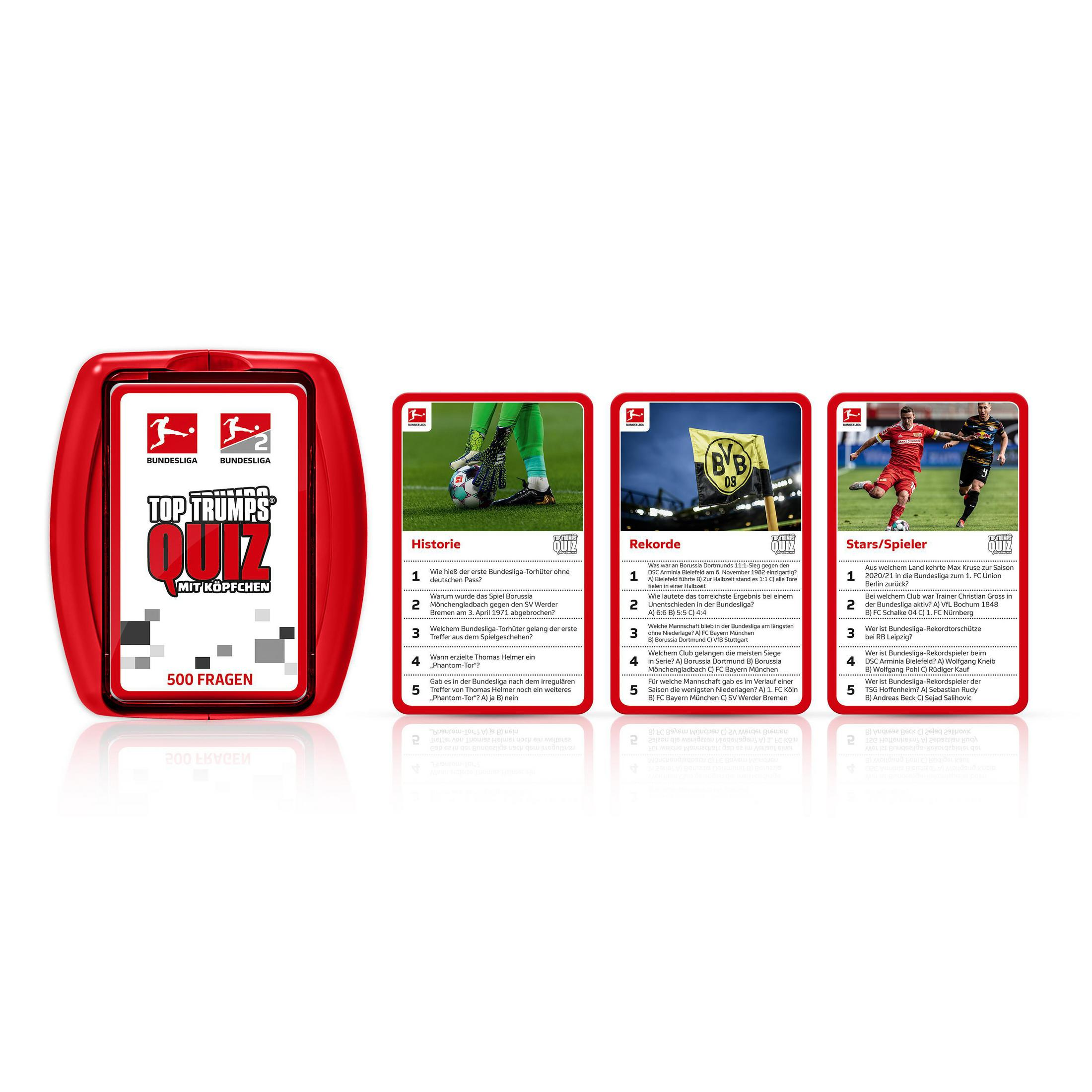 Ein rotes Top Trumps Kartenetui mit drei Karten, die Geschichte, Rekorde und Stars zeigen.