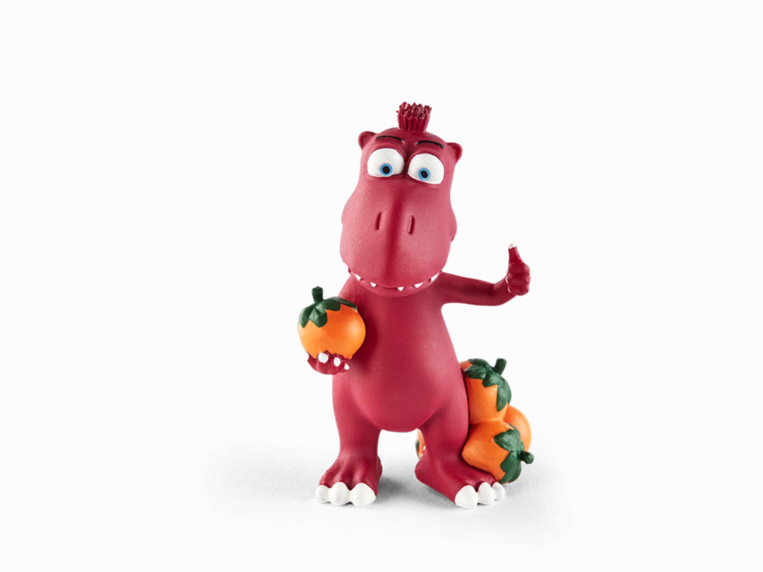 Cartoon roter Dinosaurier, der orangefarbene Früchte hält, weißer Hintergrund.