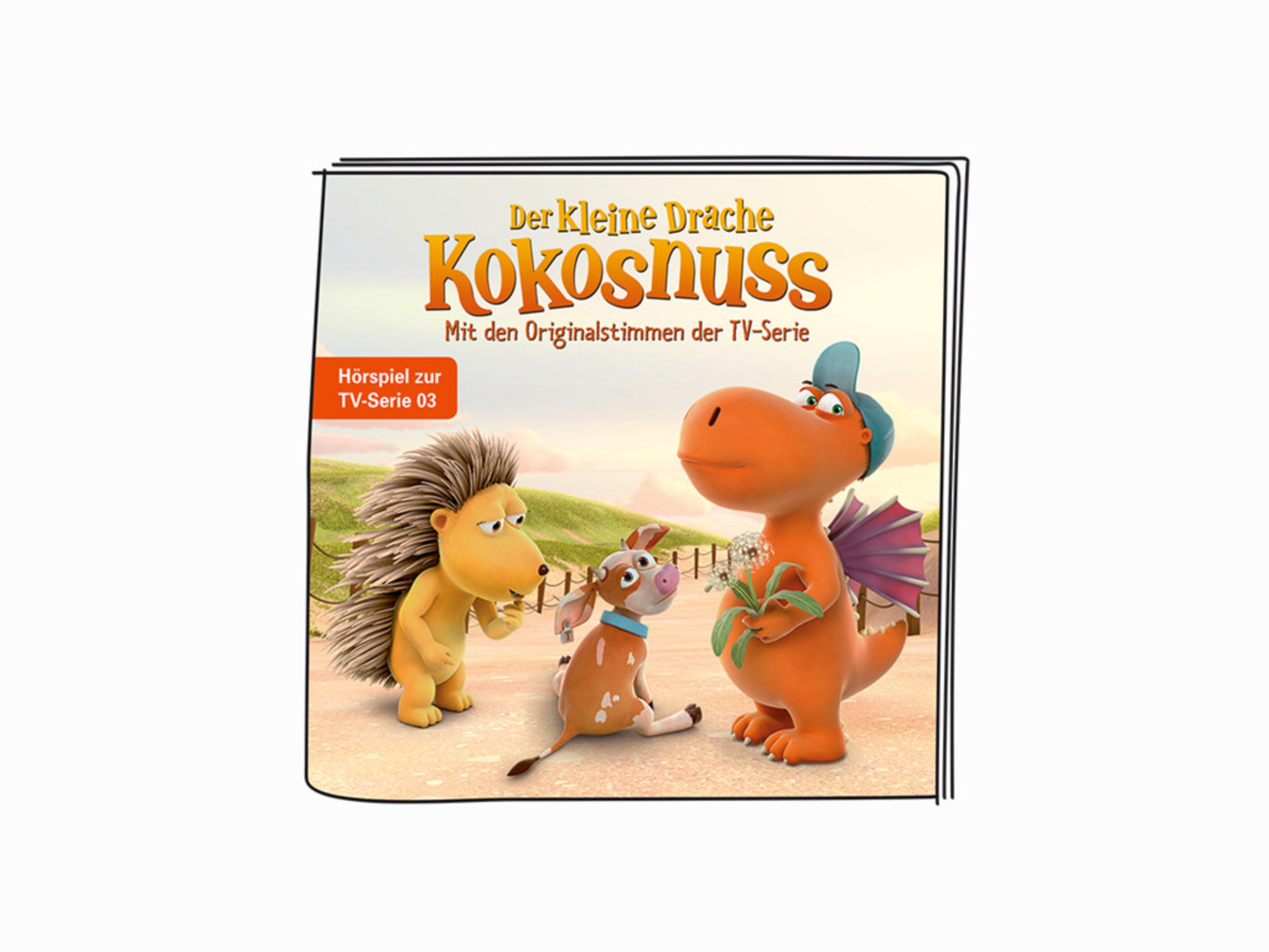 Cover für "Der kleine Drache Kokosnuss" mit Drachen, Igel und hundähnlicher Figur.