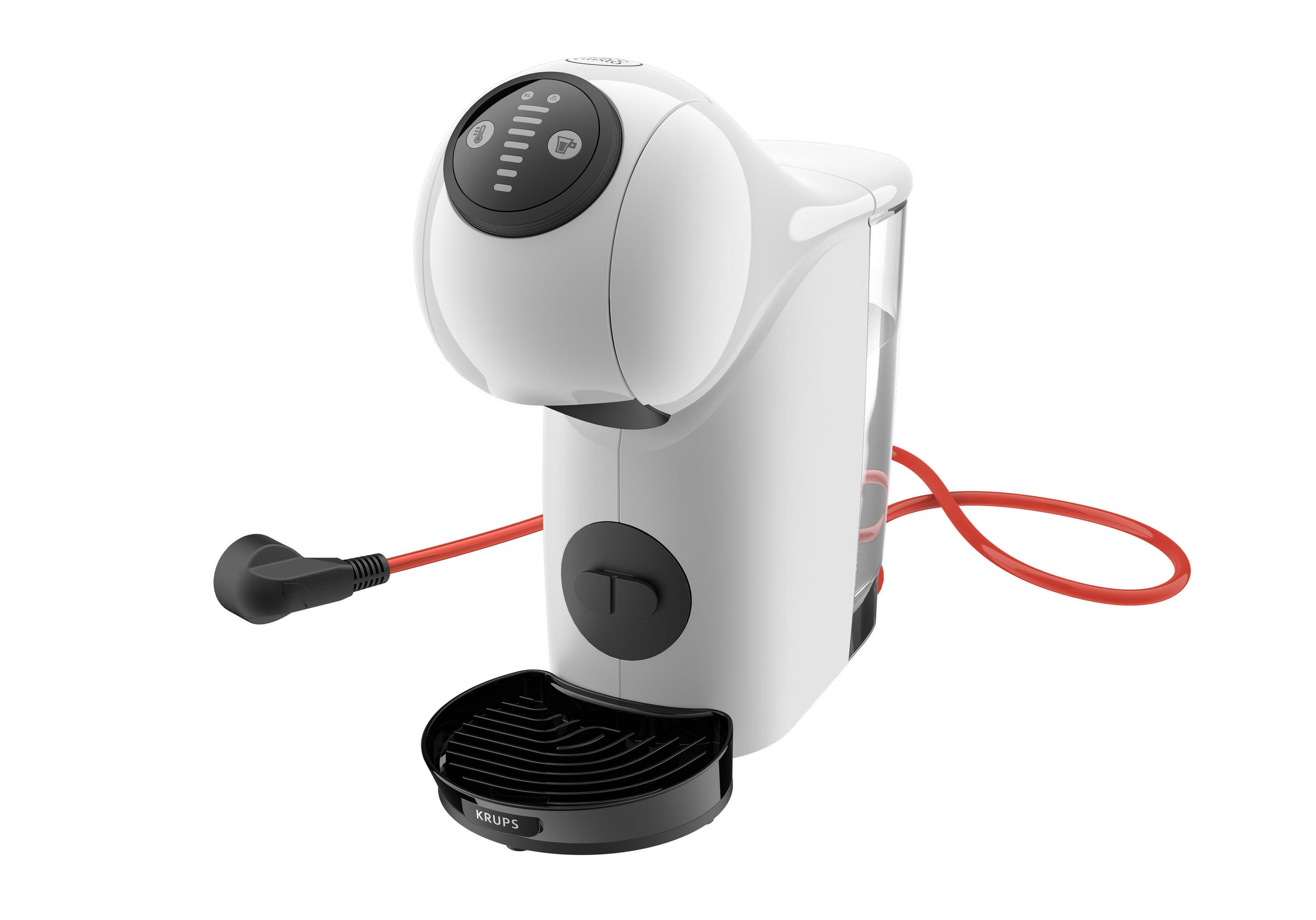 Een witte Krups koffiemachine met een rood netsnoer en een zwarte lekbak.