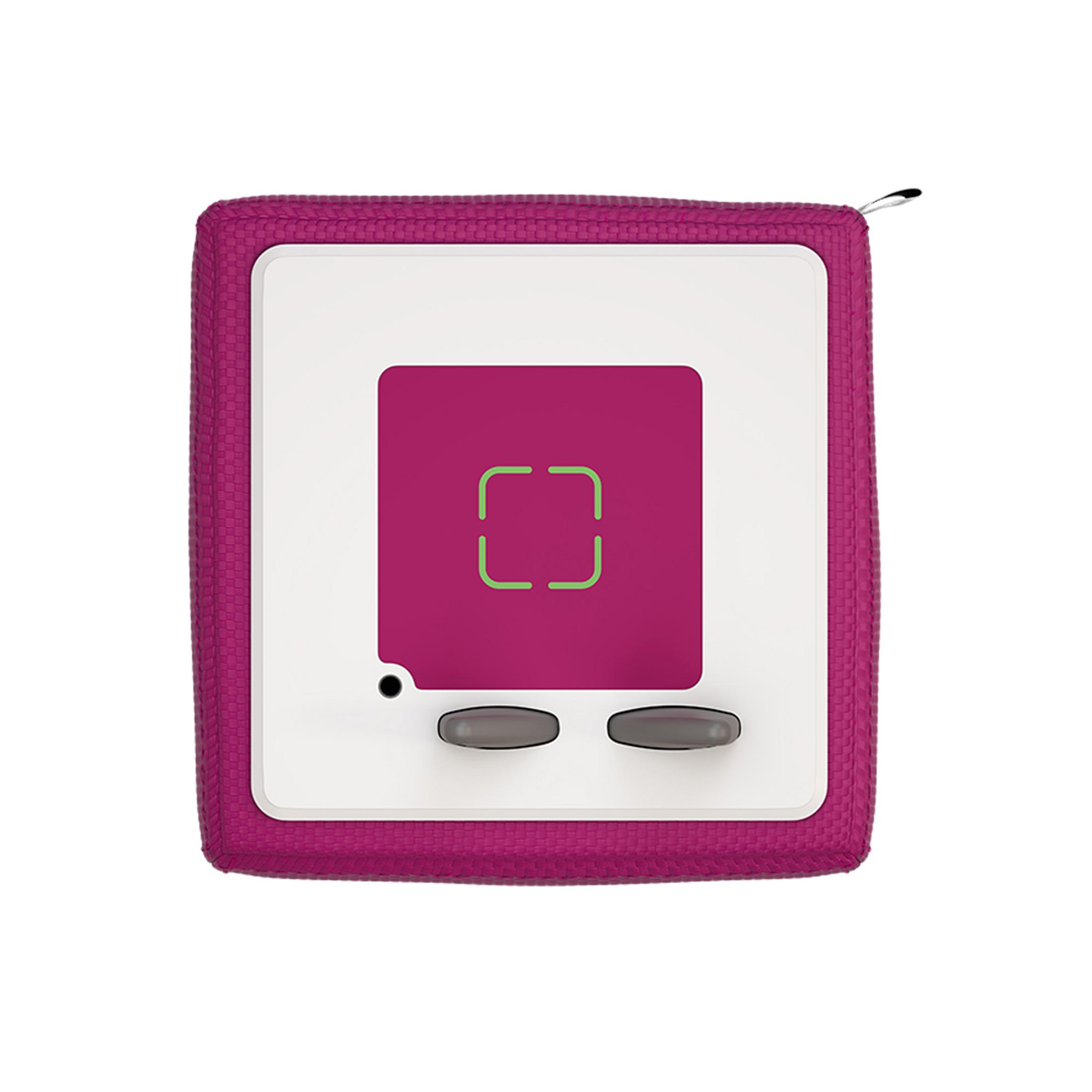 Rosa-weißer Würfel mit einem Bildschirm, der ein lila Quadrat mit grünen Klammern und zwei Knöpfen zeigt.