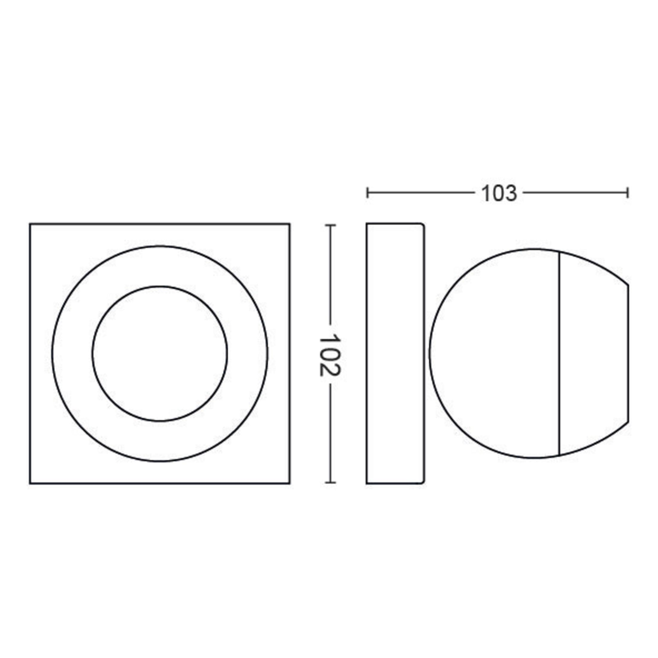 Un diagramma con tre viste di un oggetto rotondo con dimensioni e un oggetto quadrato.
