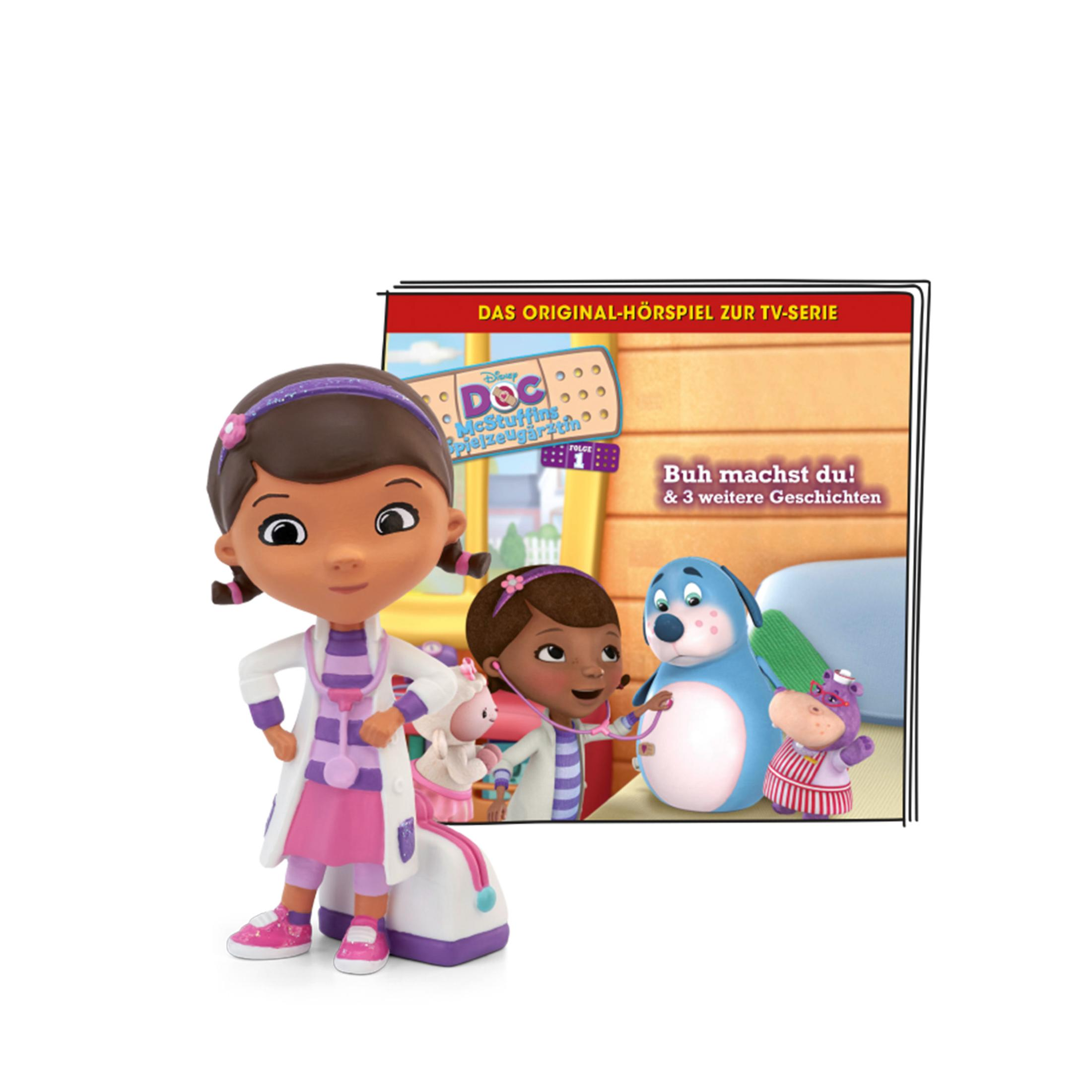 Eine Doc McStuffins-Figur mit einem Buchcover mit Zeichentrickfiguren auf der rechten Seite.
