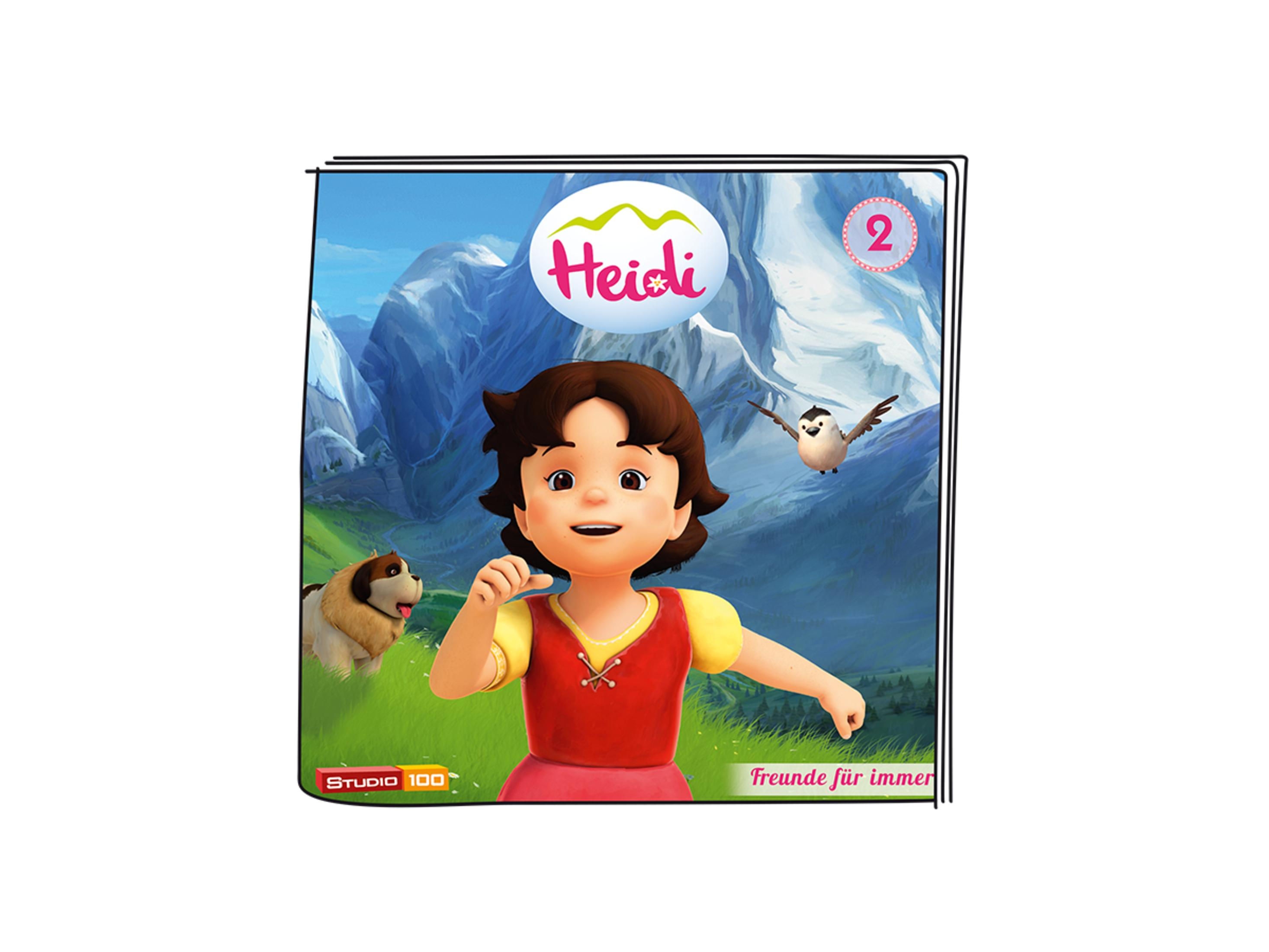 Cover des Buches 'Heidi' mit Heidi, Peter, einem Hund und Bergen, mit dem Text 'Freunde für immer'.