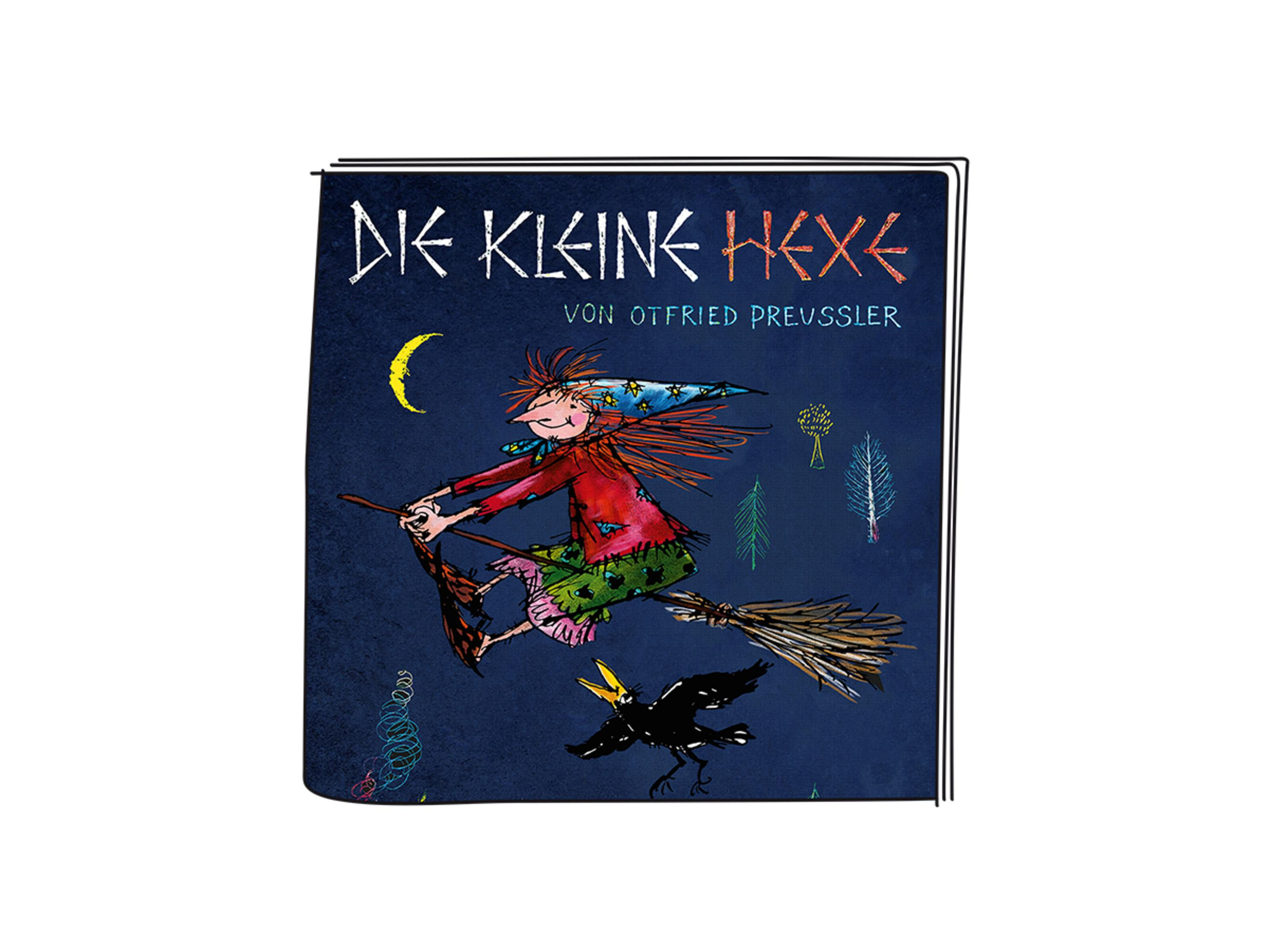 Buchcover von Die Kleine Hexe. Es zeigt eine Hexe auf einem Besen, die vor blauem Hintergrund reitet.