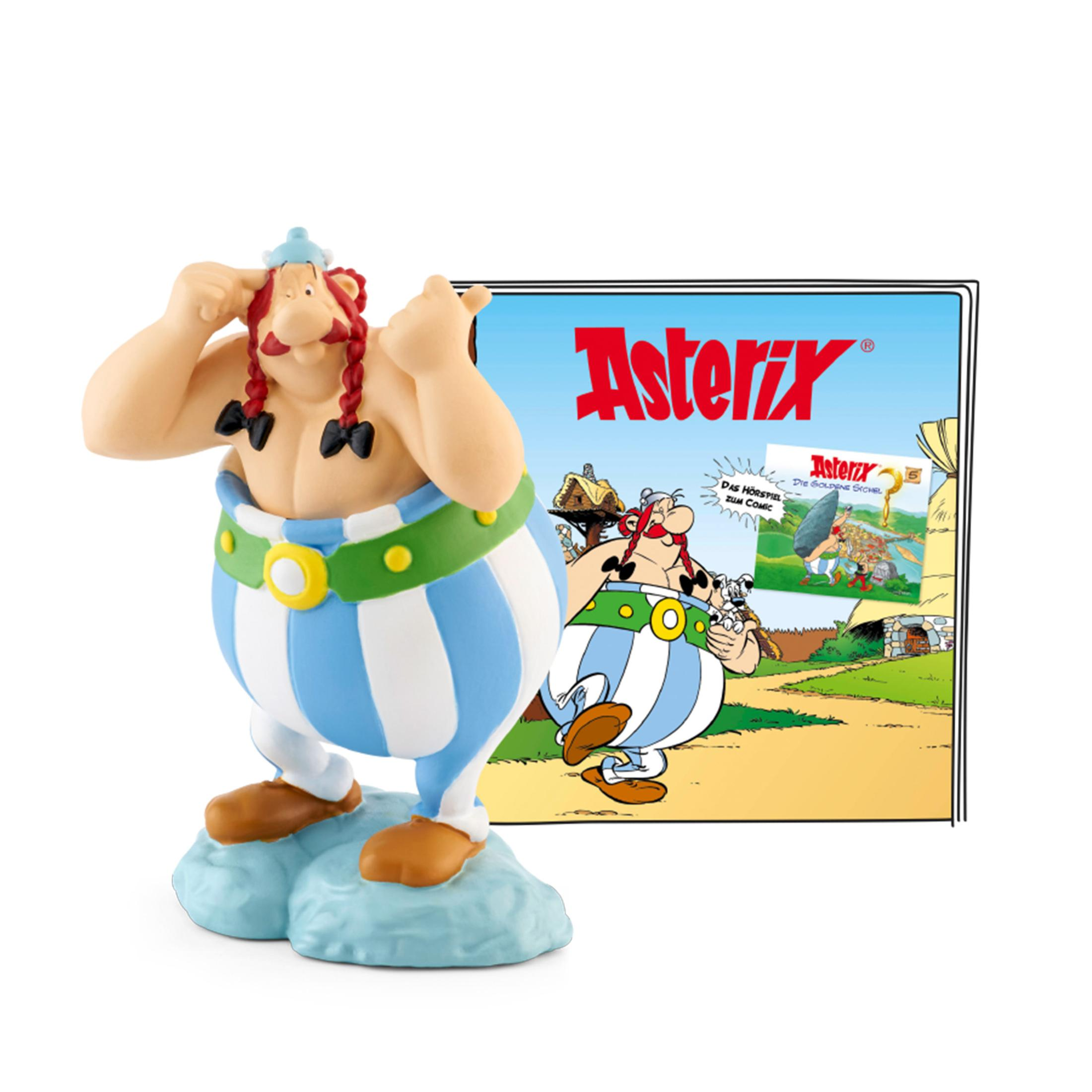 Asterix-Figur, Comicfigur, hält sich den Kopf und zeigt mit einem Comic-Hintergrund.