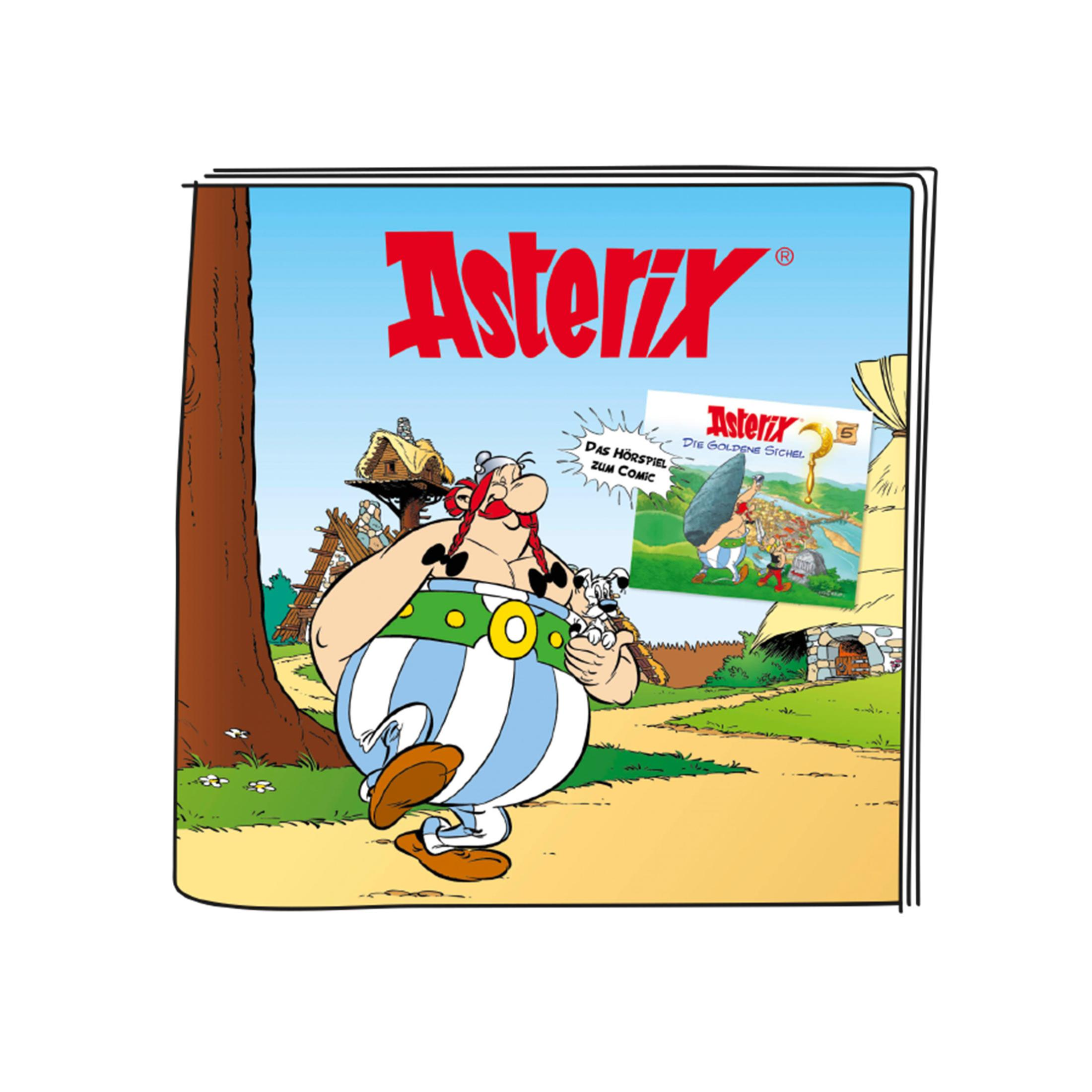 Asterix-Comic-Cover mit Asterix, Obelix und einem kleinen Hund im Wald.