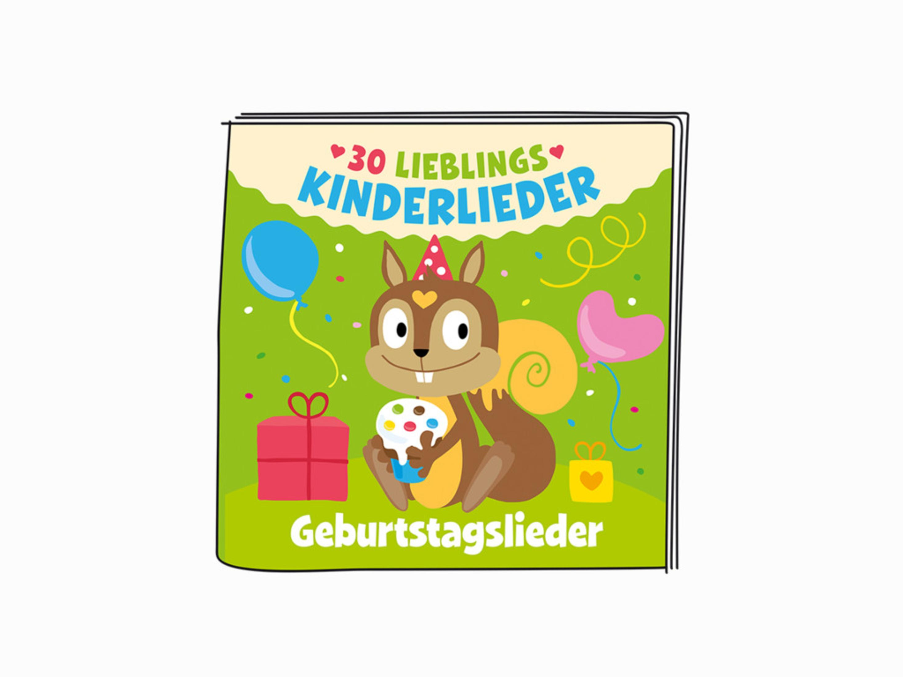 Ein Kinderbuchcover mit einem Eichhörnchen, das einen Cupcake hält, Ballons und Text.