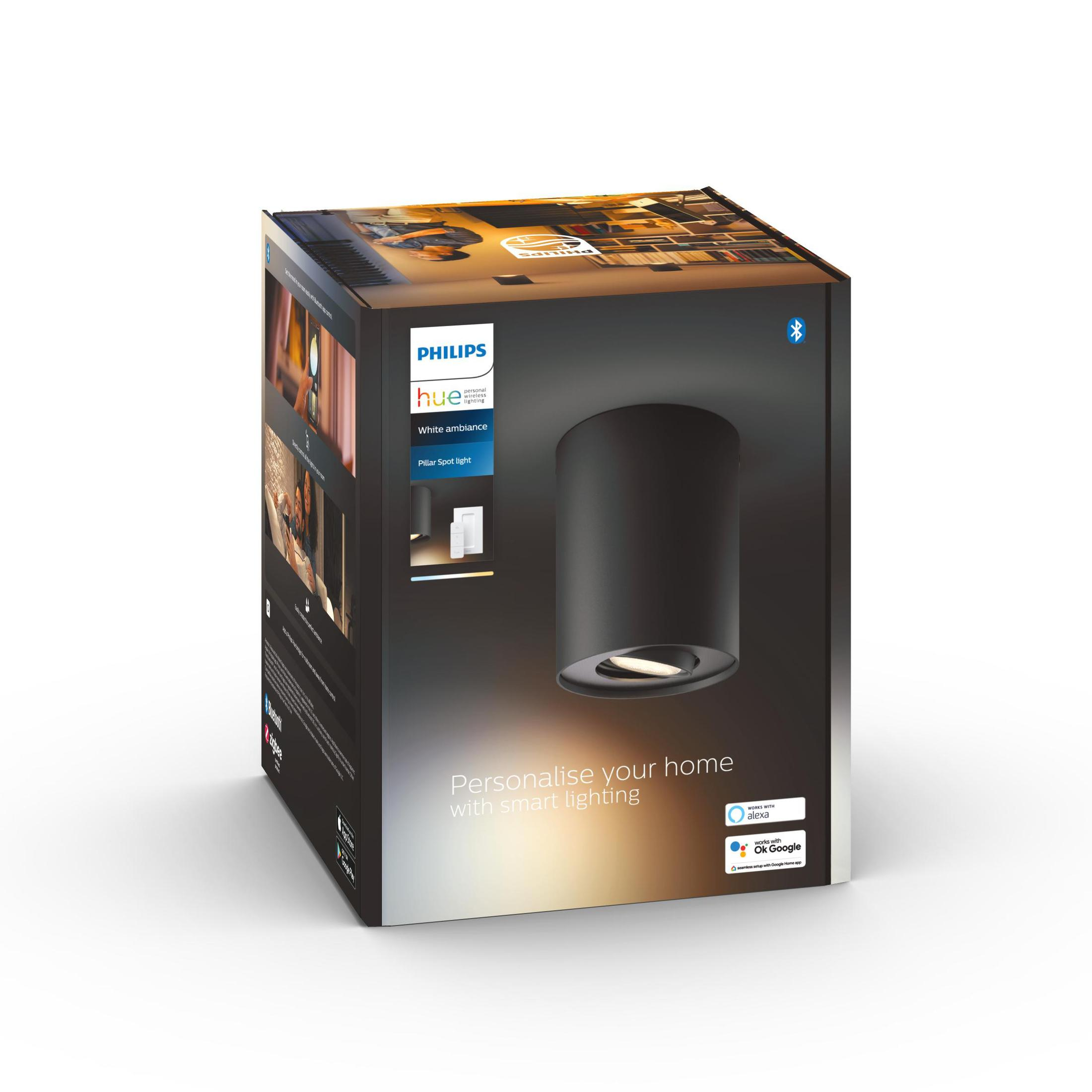 Eine schwarze Box mit Philips Hue-Branding und einer zylindrischen Spotlight-Illustration.