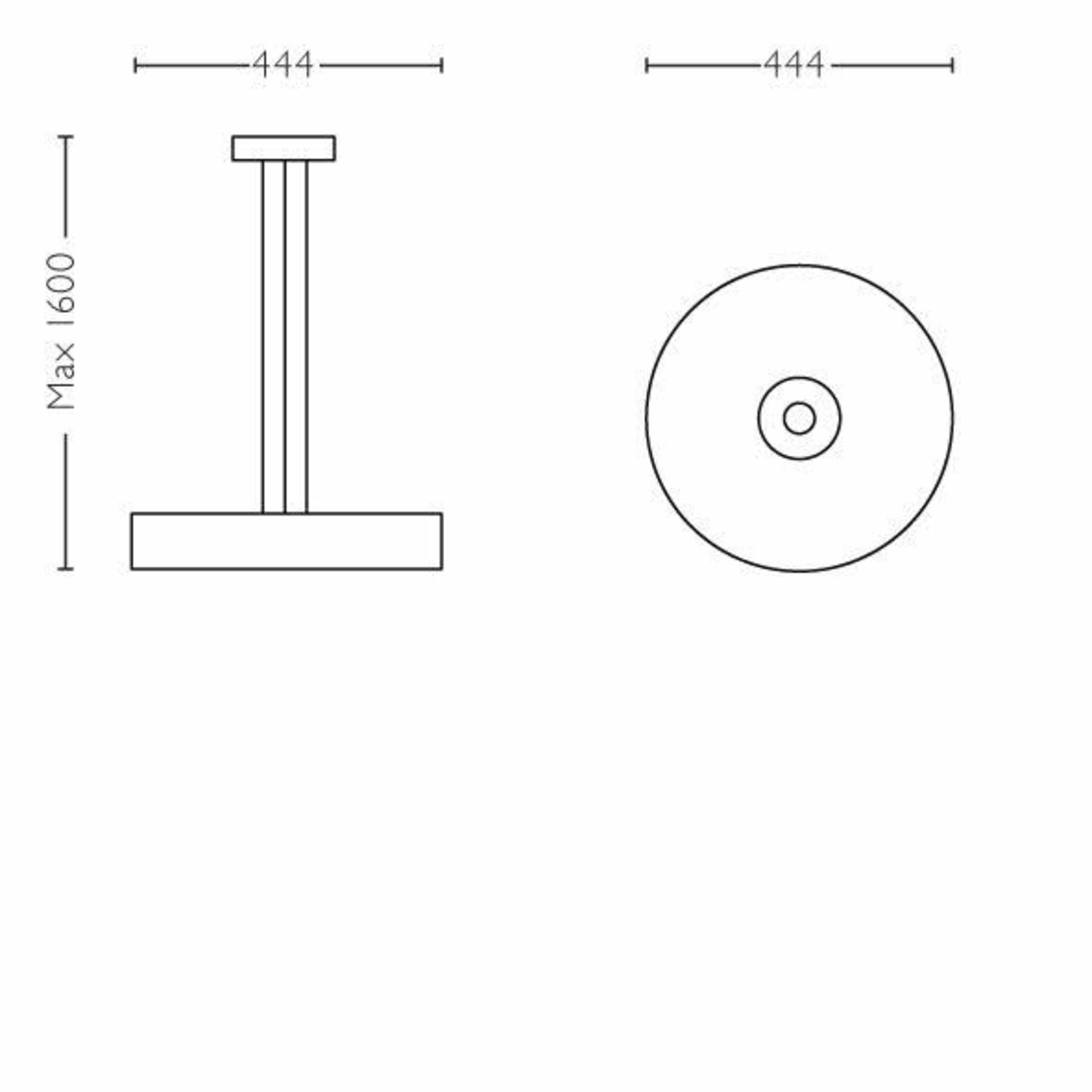 Dessin technique : un design de lampe, vue latérale et supérieure avec dimensions. Fond blanc.
