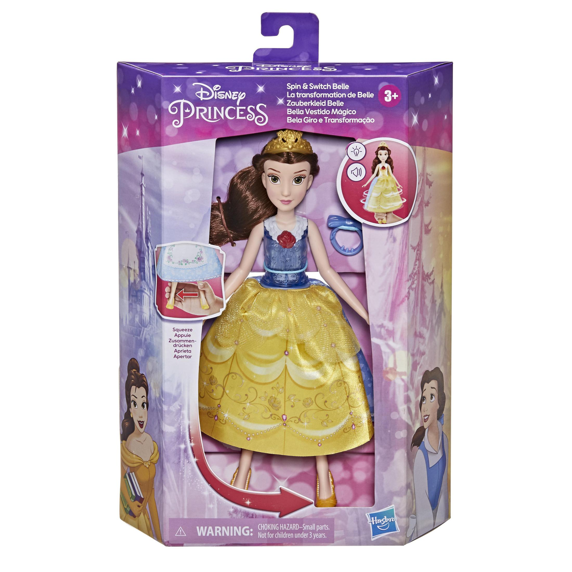 Bambola Disney Princess Belle in una scatola. La scatola ha immagini di Belle. Sfondo bianco.