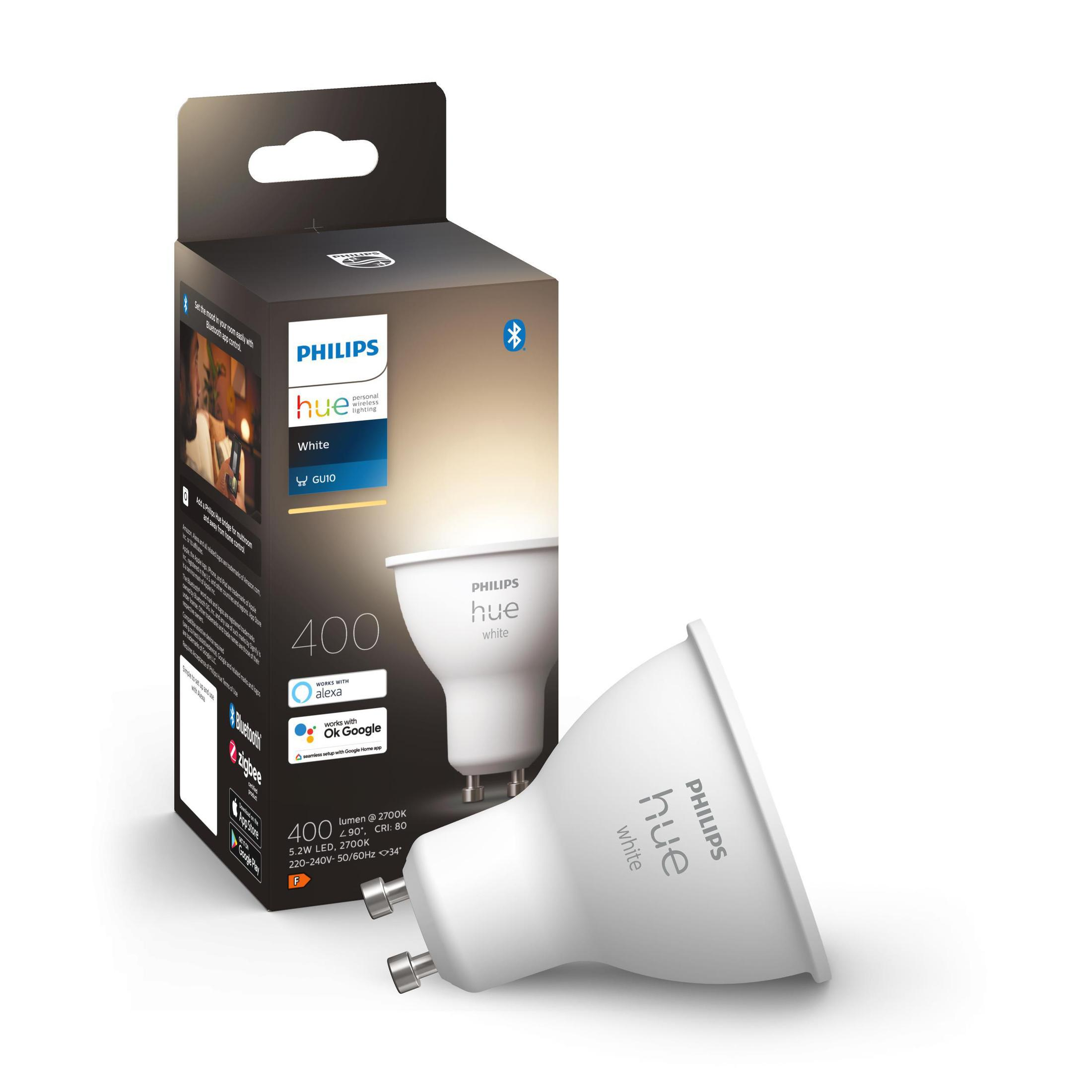 Ampoule intelligente Philips Hue blanche avec une boîte. Une autre ampoule est à côté.