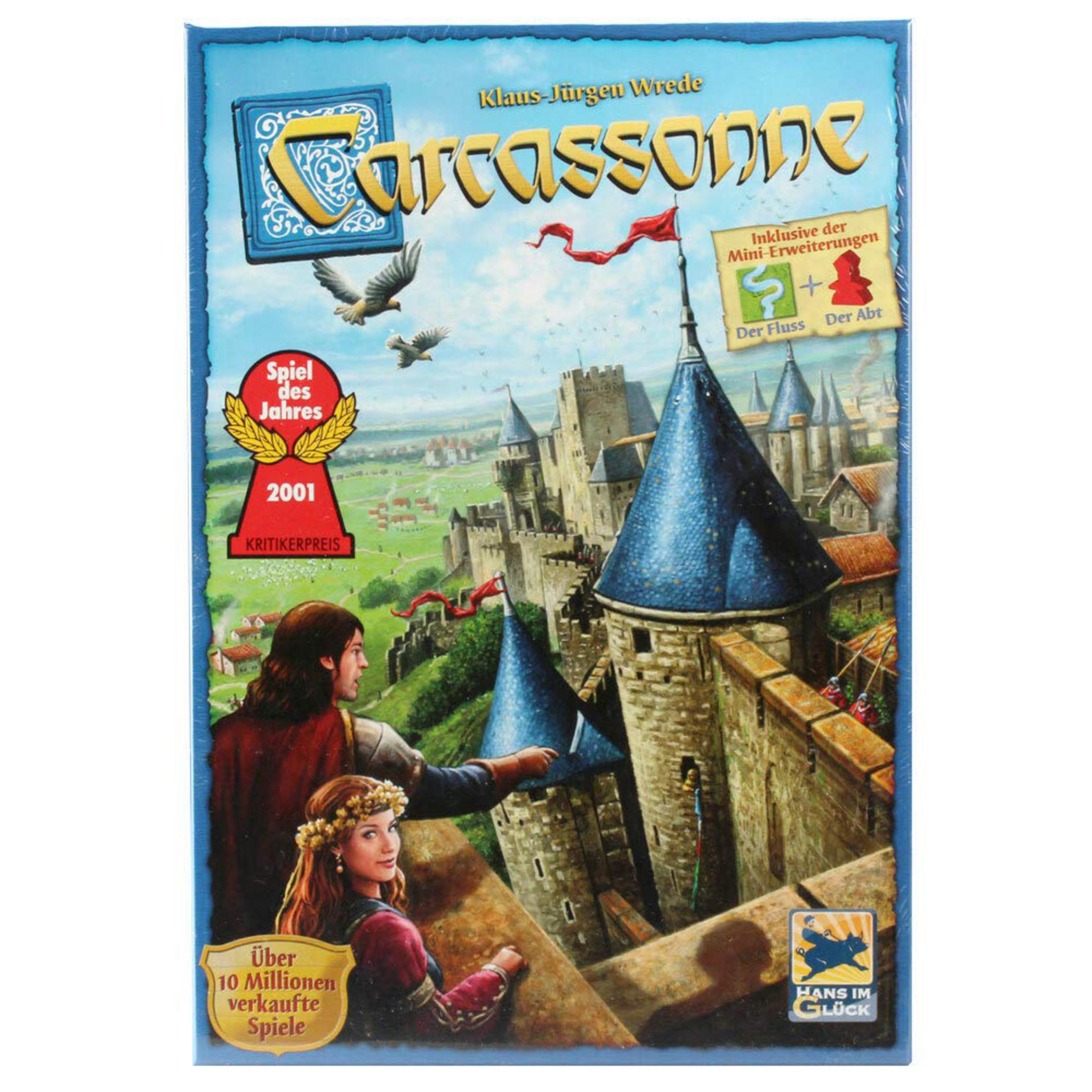 Carcassonne-Spielbox. Menschen auf einer Burgmauer mit Vögeln. Auszeichnungssiegel und Text.