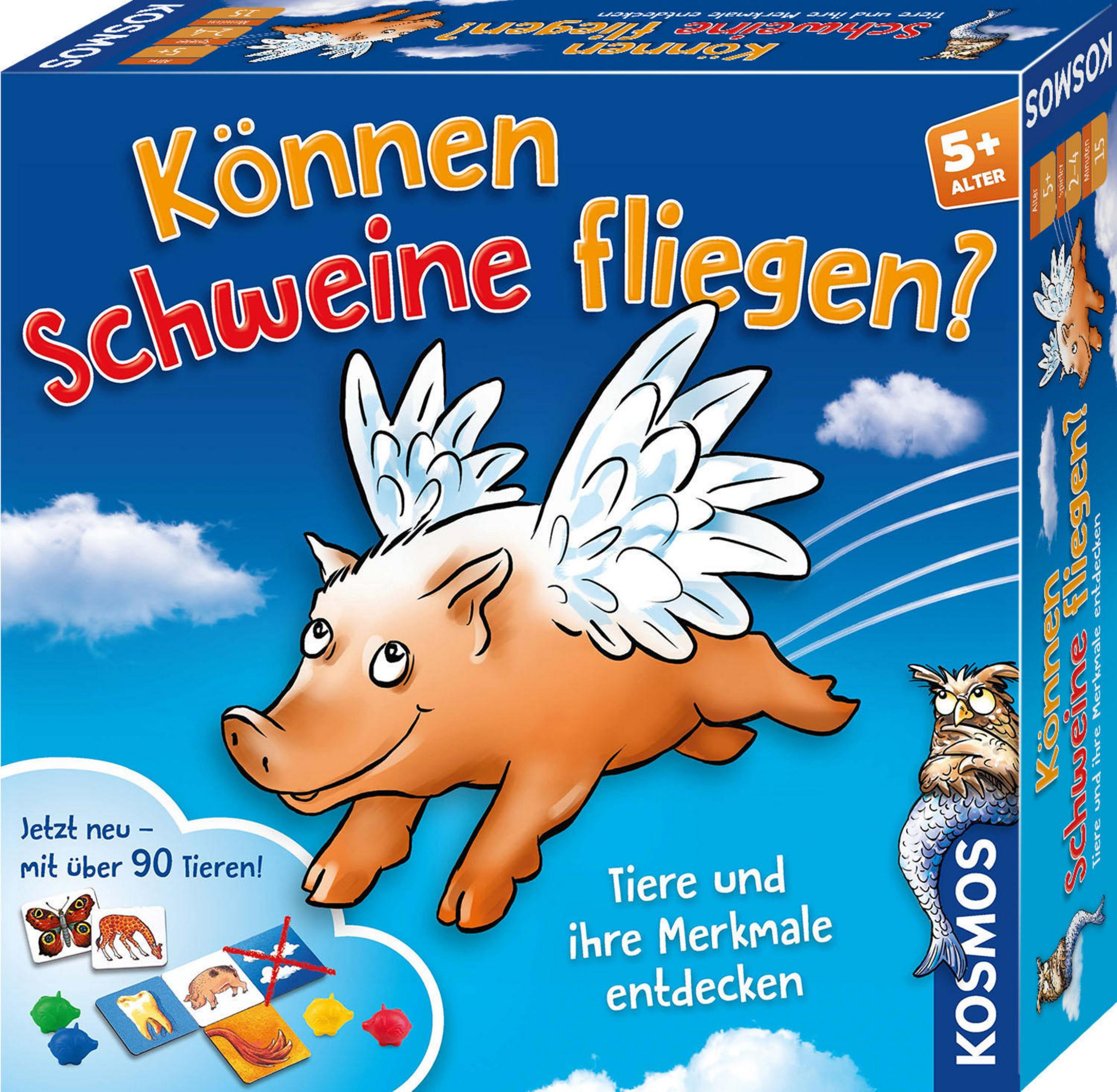 Brettspielbox: Können Schweine fliegen? Cartoon-Schwein.