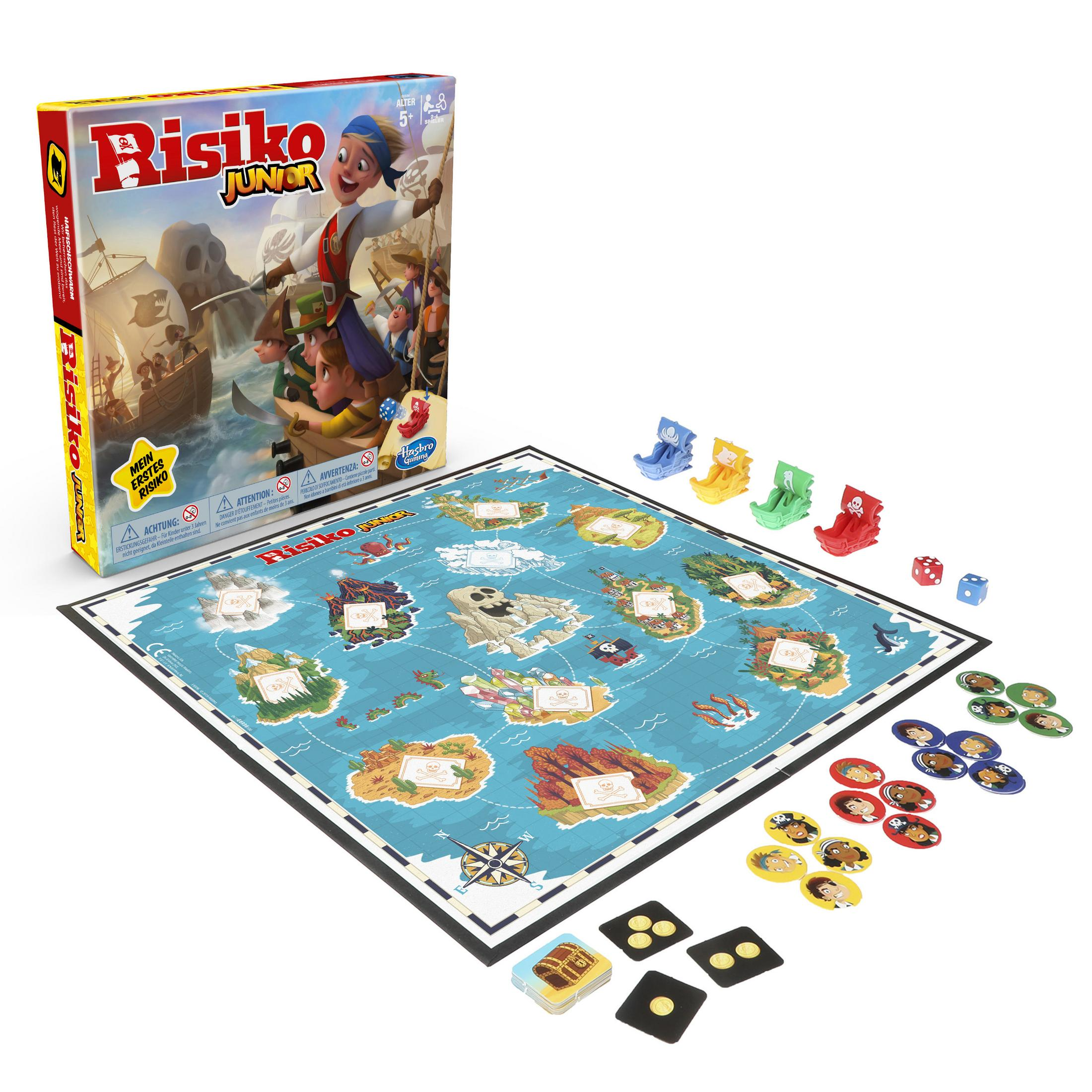 Risiko Junior Brettspiel: Box, Spielbrett, Figuren, Würfel, Karten, Piraten-Thema, blaue Seekarte.