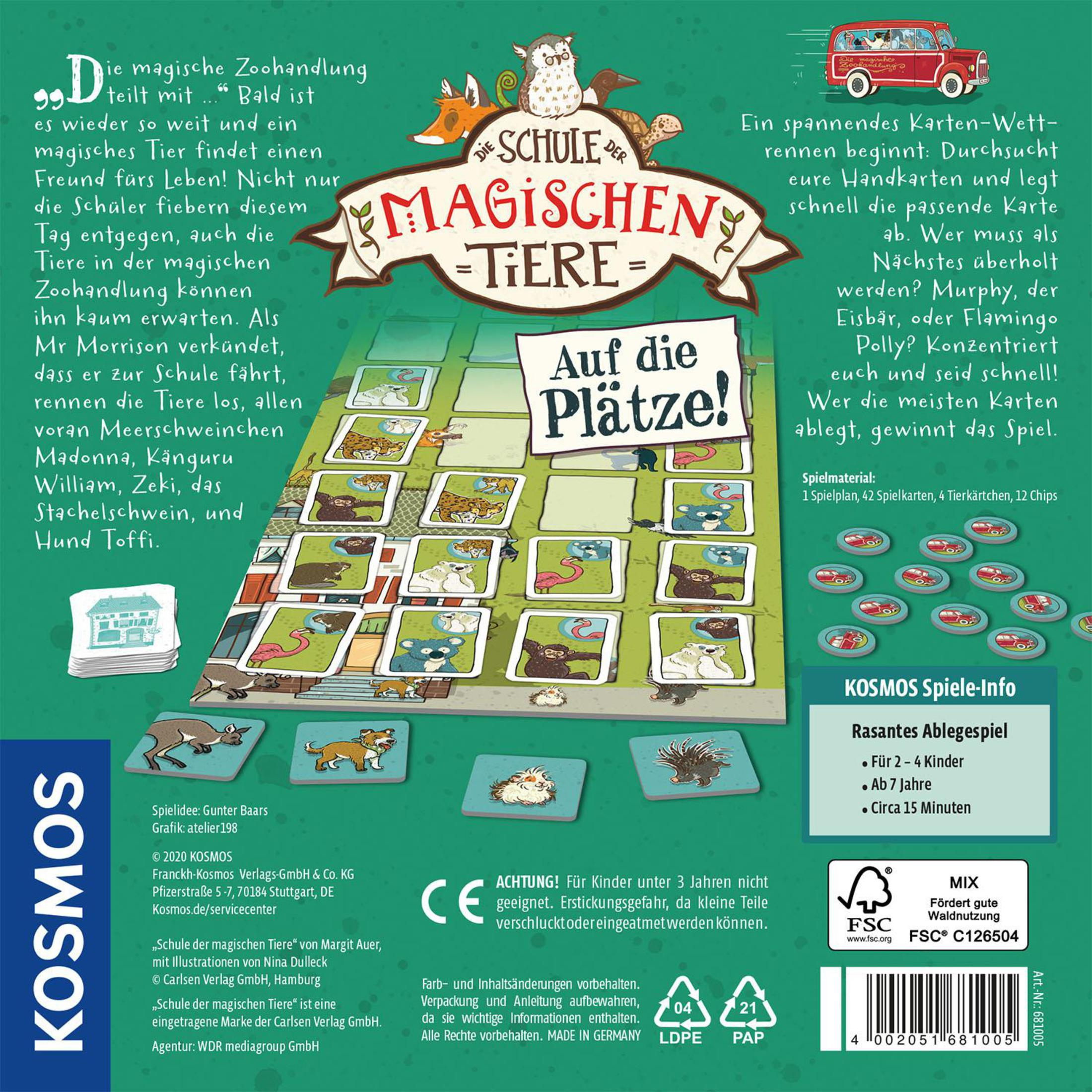 Pudełko gry planszowej z tekstem. Pionki, ilustracje zwierząt i czerwony samochód.