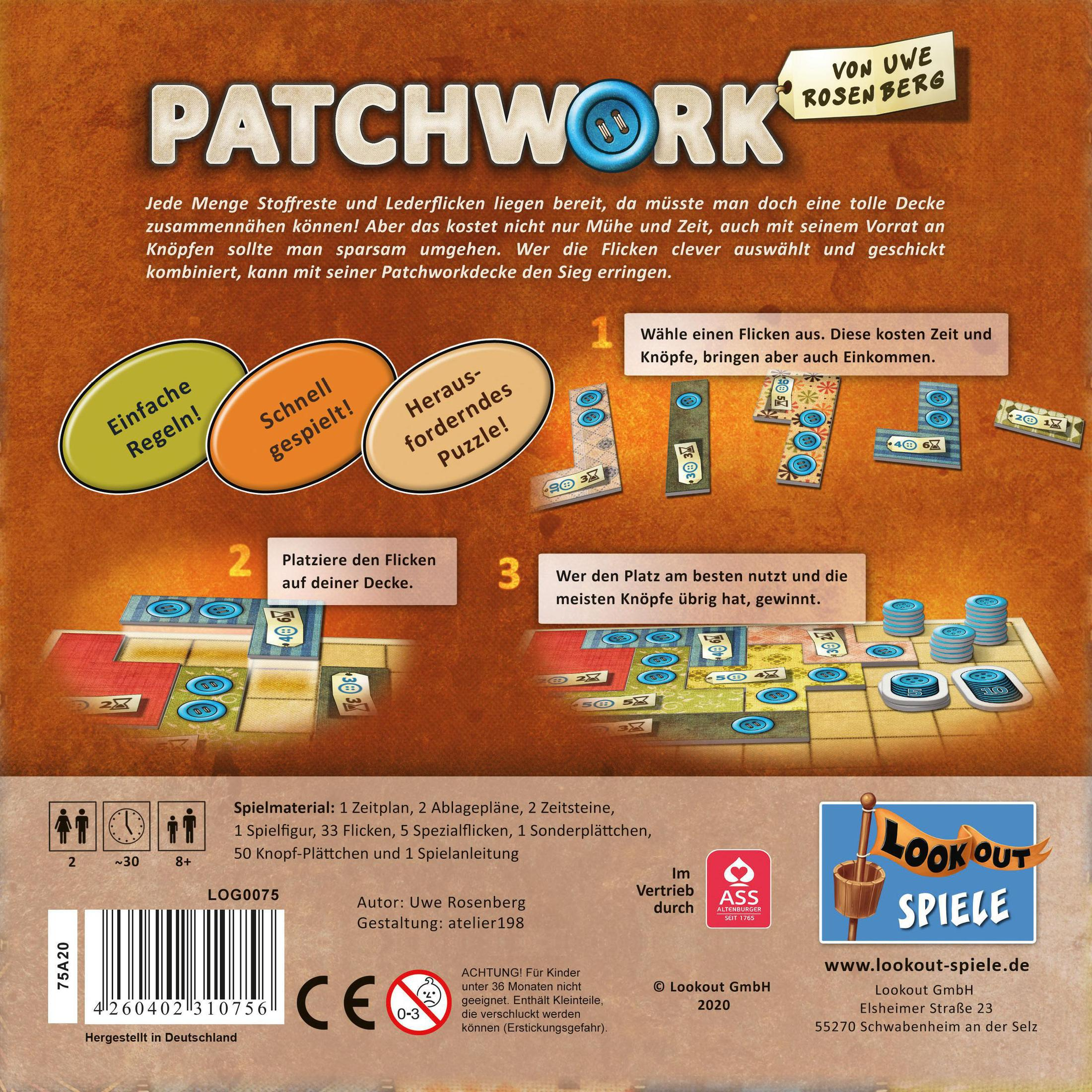 Patchwork-Brettspielbox. Text und Bilder des Spiels befinden sich auf dem Cover.