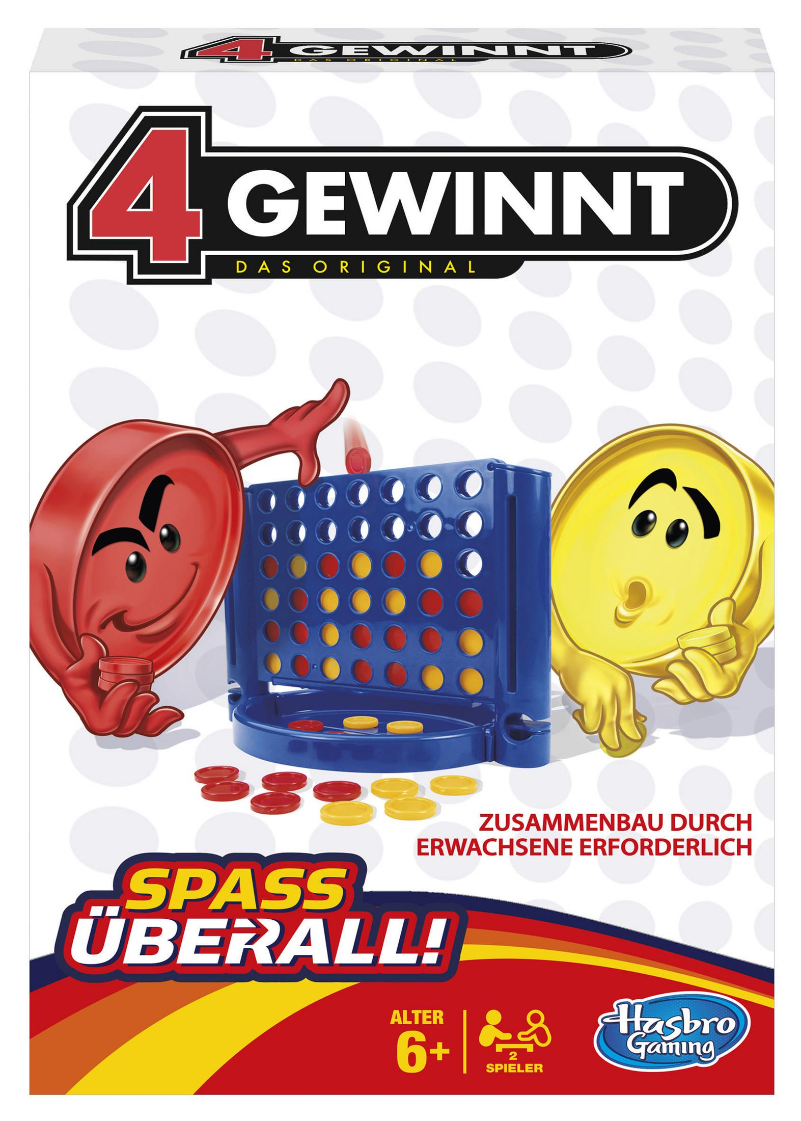 Eine Brettspielbox. Das Spiel heißt „4 Gewinnt“ mit roten und gelben Spielsteinen.