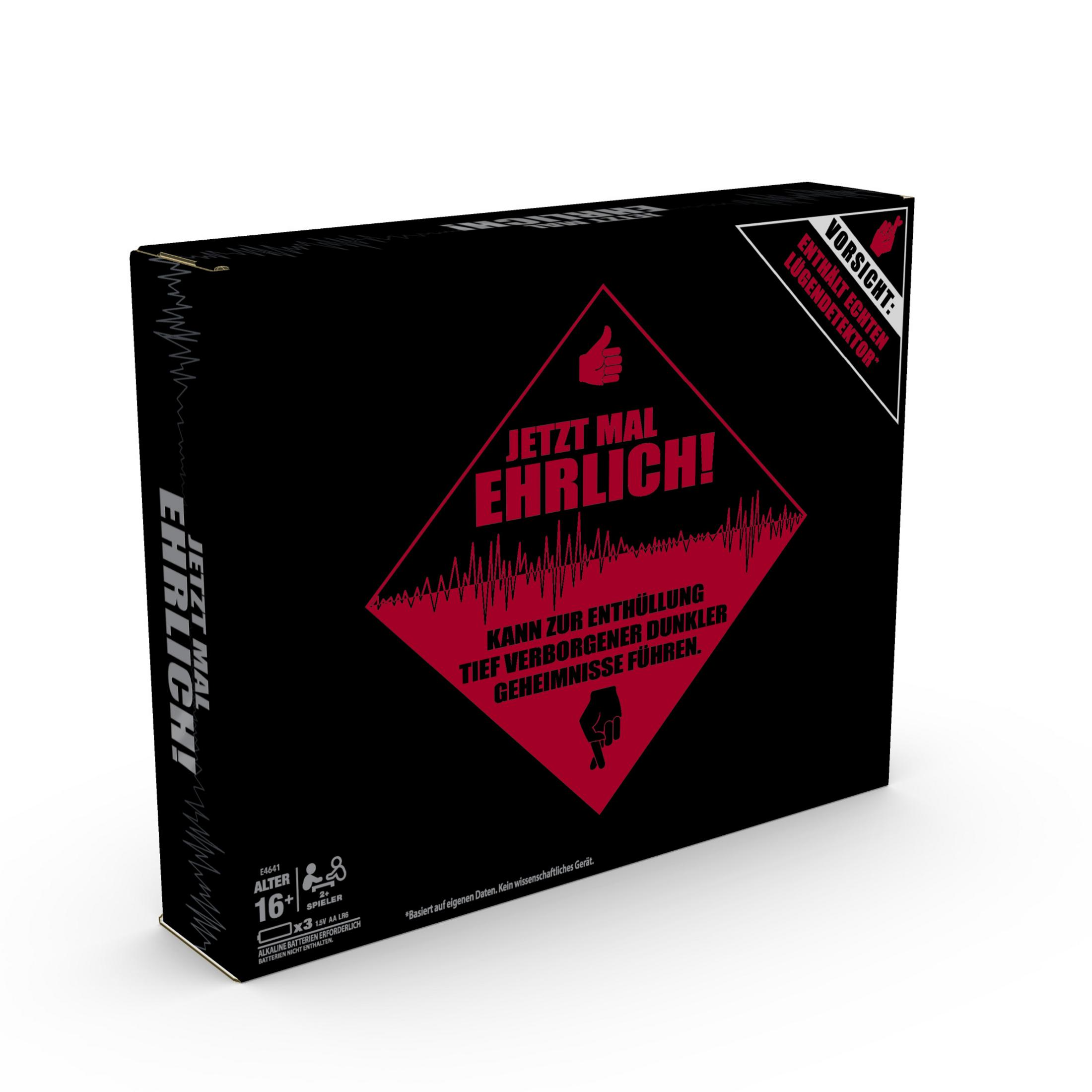 Czarne pudełko z czerwoną grafiką diamentu i tekstem. Ostrzeżenie: Dołączony wykrywacz kłamstw.