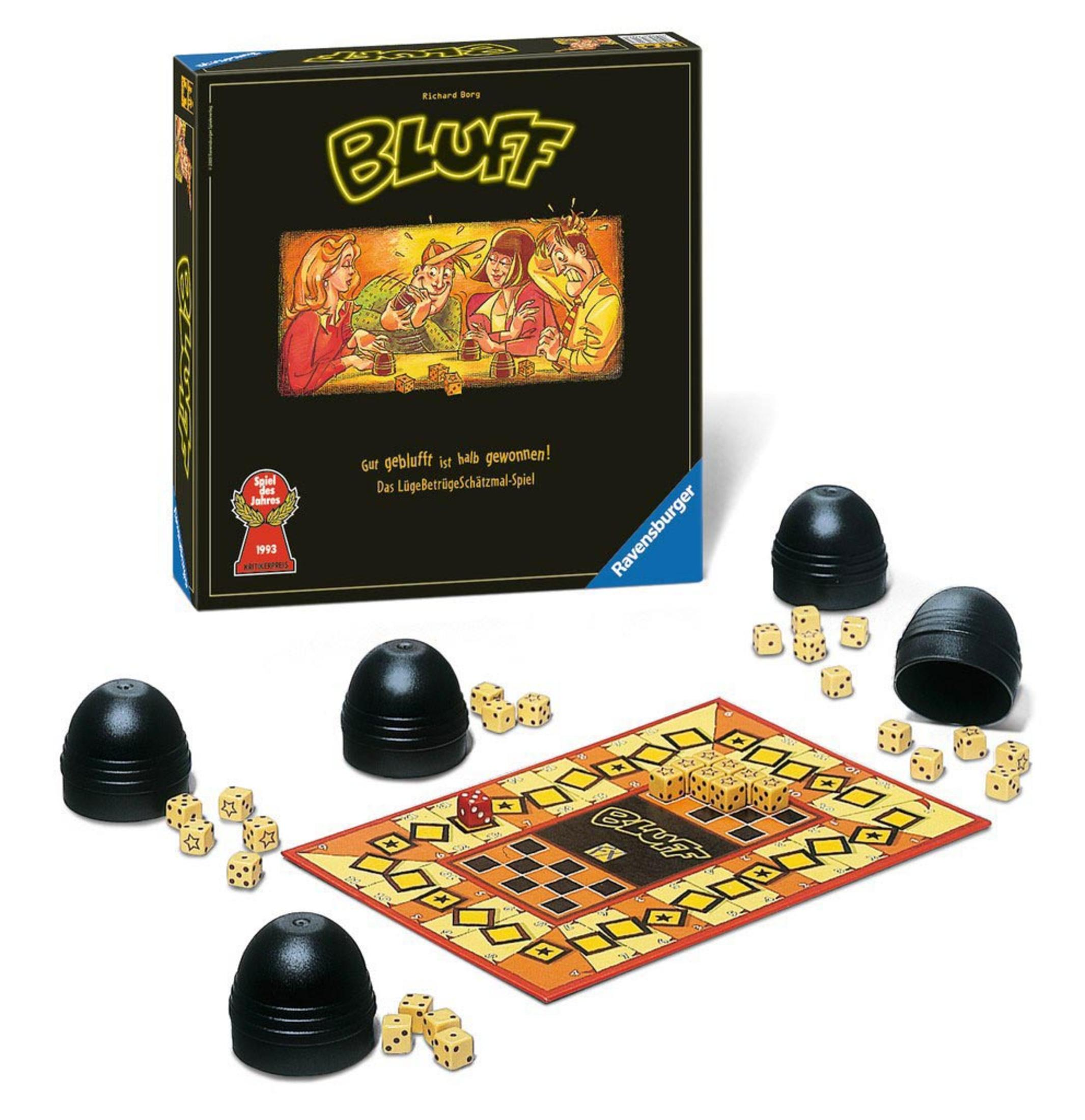 Bluff-Brettspielbox, Würfel, schwarze Behälter und Spielbrett auf weißem Hintergrund.