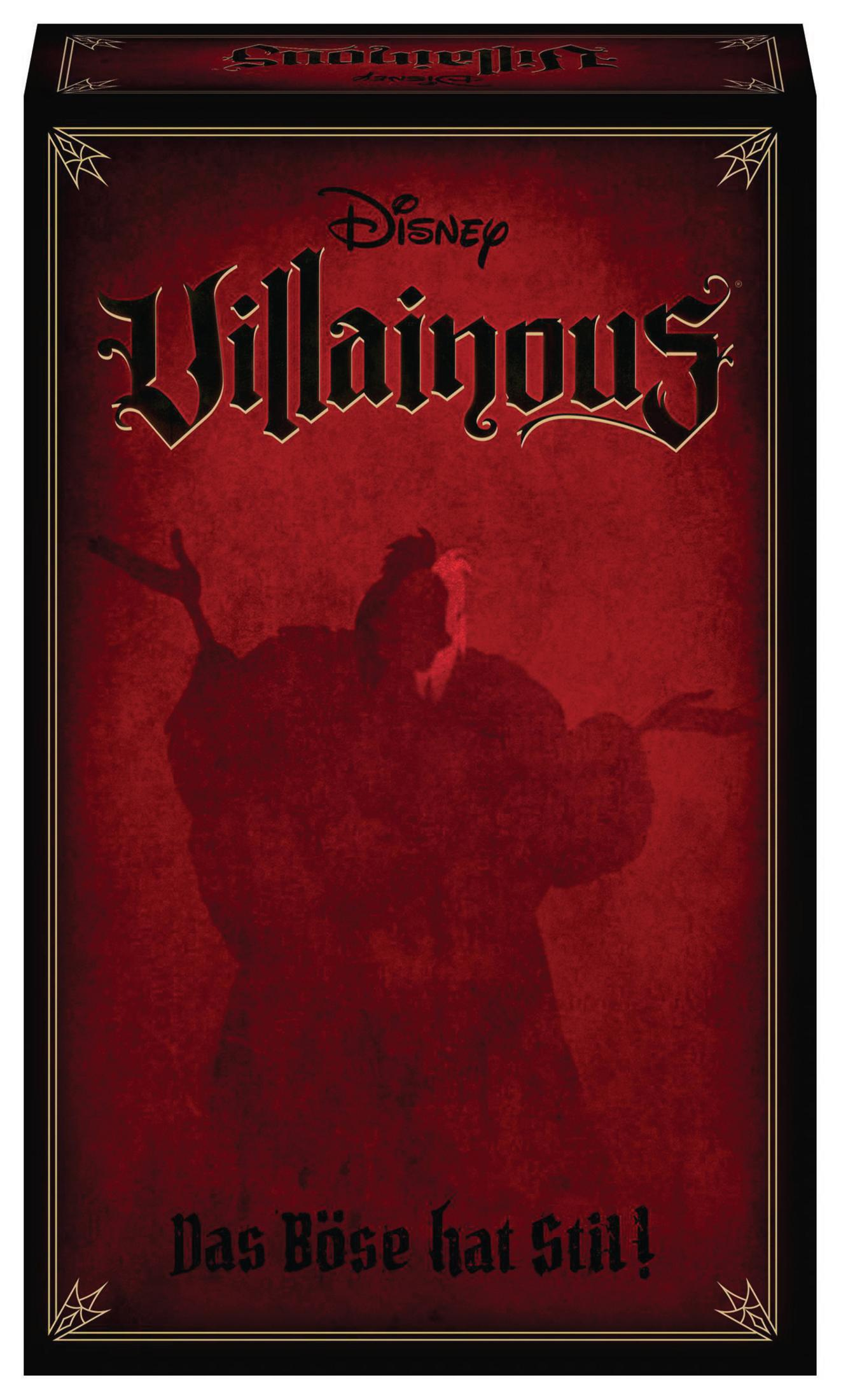 Opakowanie gry planszowej Disney Villainous. Czerwone tło, sylwetka złoczyńcy.