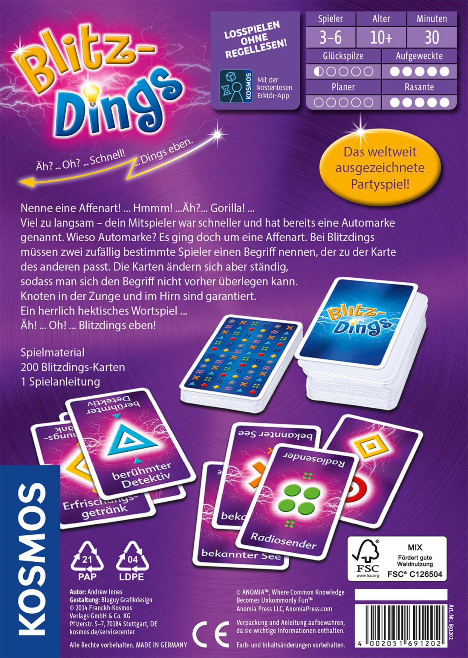 Blitz-Dings Brettspielbox und Karten, Text auf Deutsch, verschiedene Spielsteine.