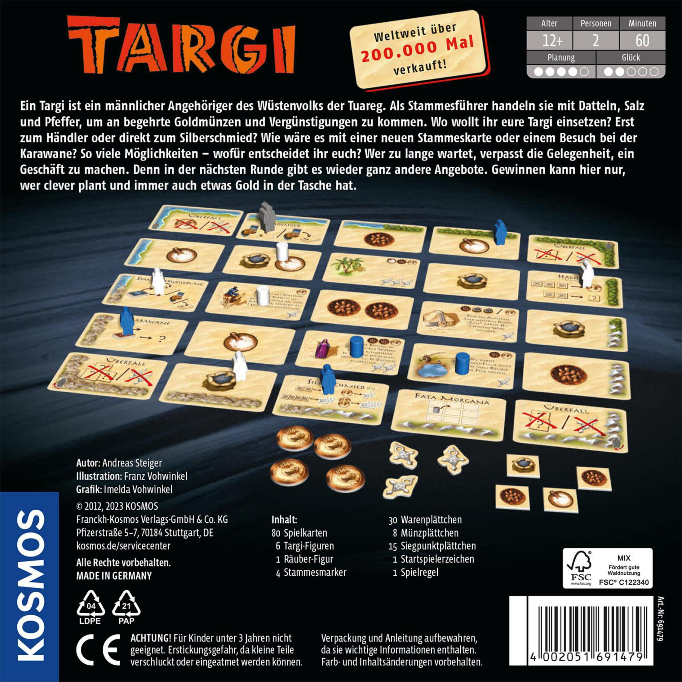 Boîte de jeu de société sur le thème du désert. Diverses pièces de jeu sont disposées autour de la boîte.