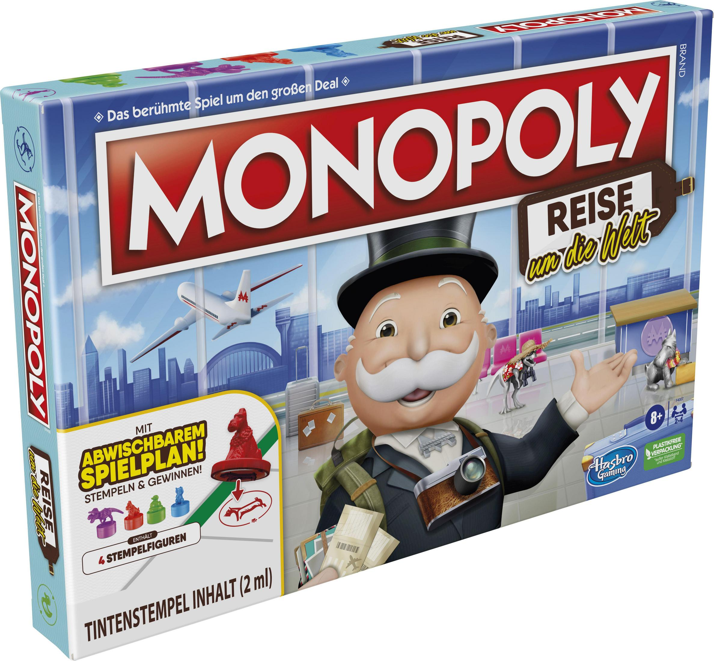 Eine Monopoly-Spielbox mit einem Mann und einem Flugzeug darauf. Das Spiel heißt 'Reise um die Welt'.