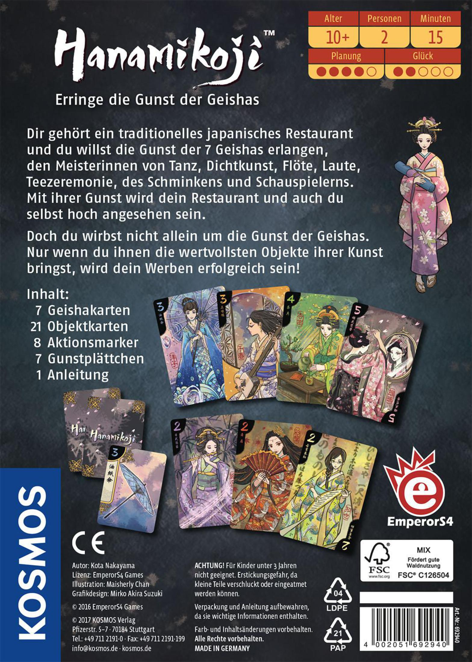 Rückseite einer Kartenspielschachtel mit Text. Zeigt Bilder von Geishas und Kartenspiel-Details.