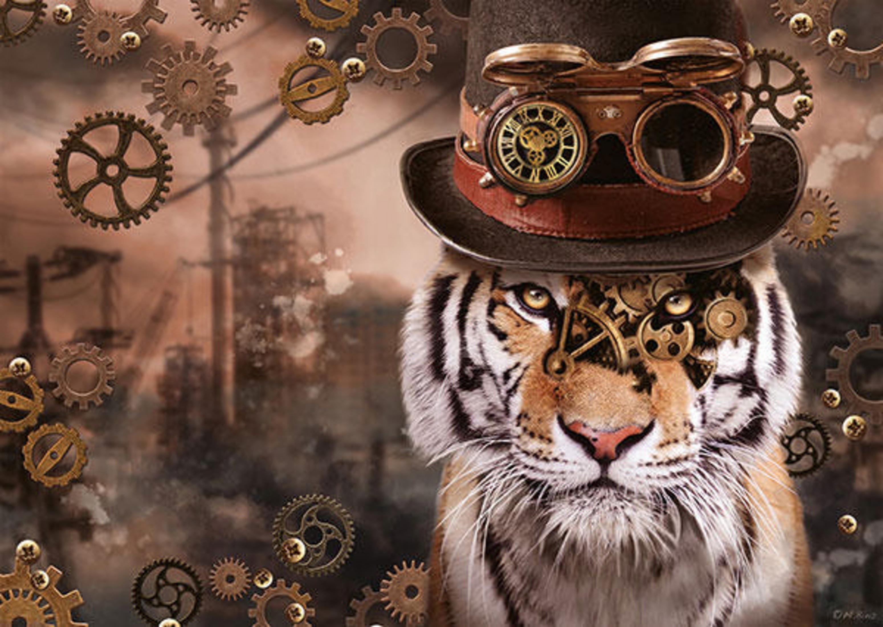 Una tigre con occhiali steampunk e ingranaggi sul viso.