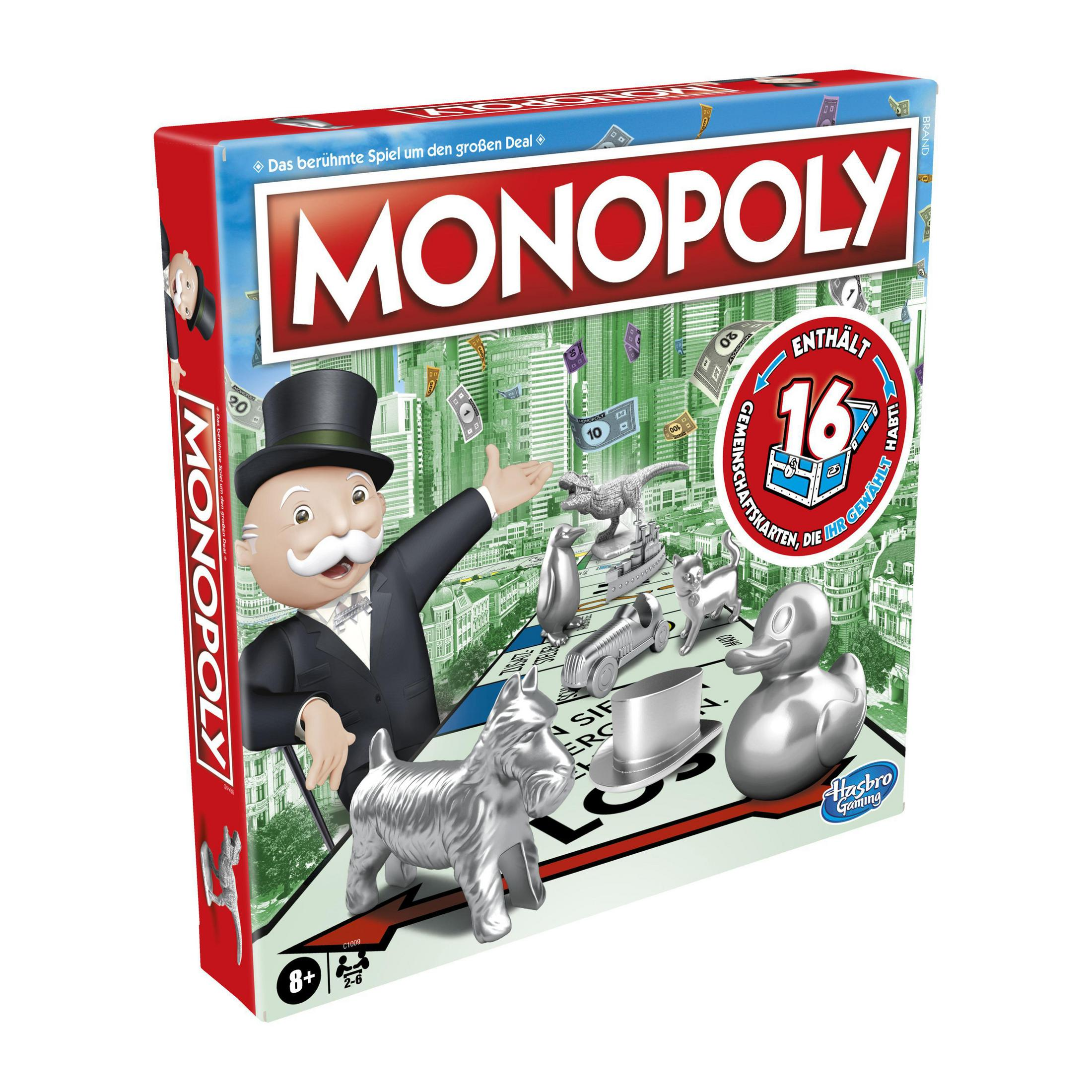 Monopoly-Brettspielbox mit Spielfiguren auf dem Brett.