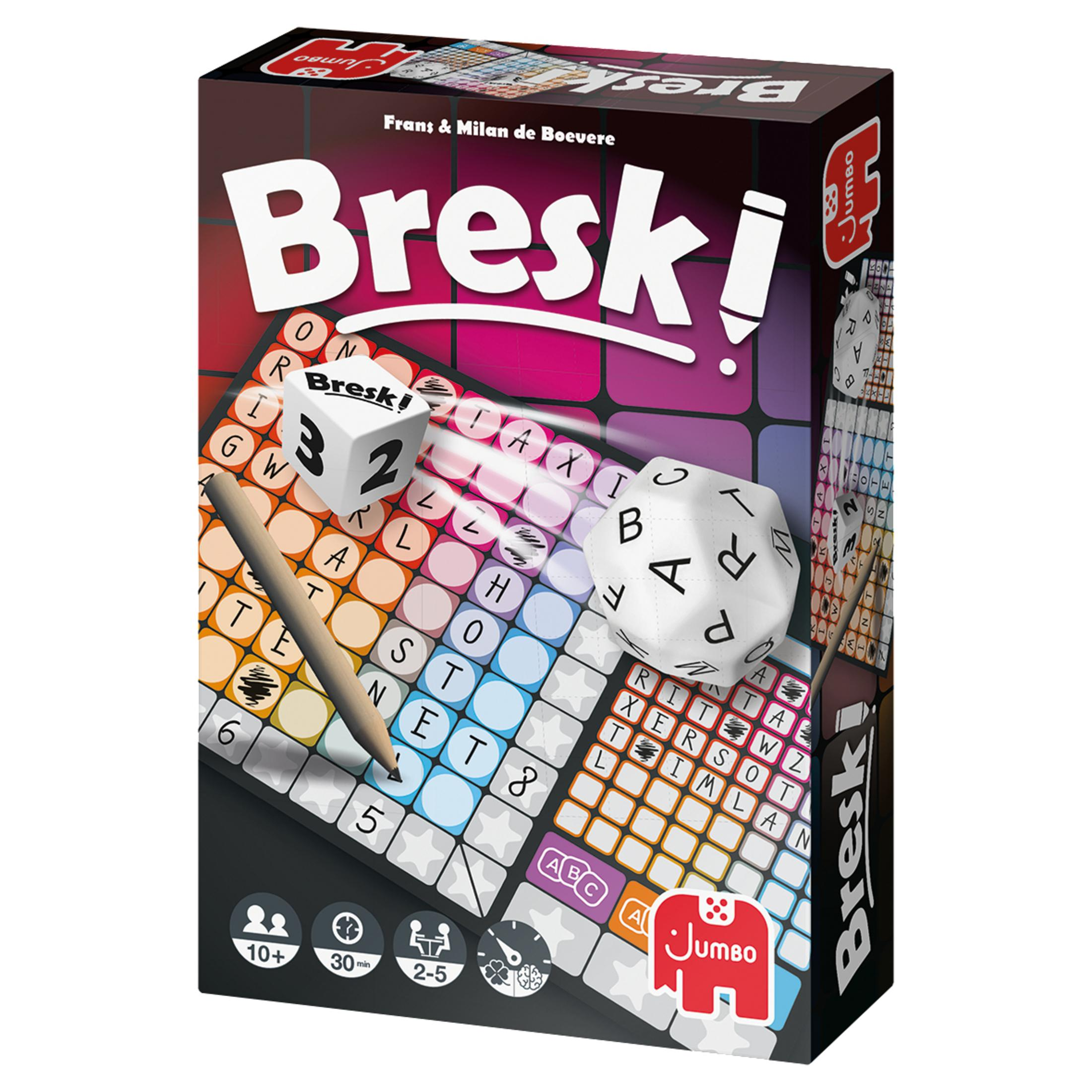 Breski Brettspielbox. Enthält Würfel, Bleistift und Wortraster. Dunkler Hintergrund mit Spieletitel und Logo.