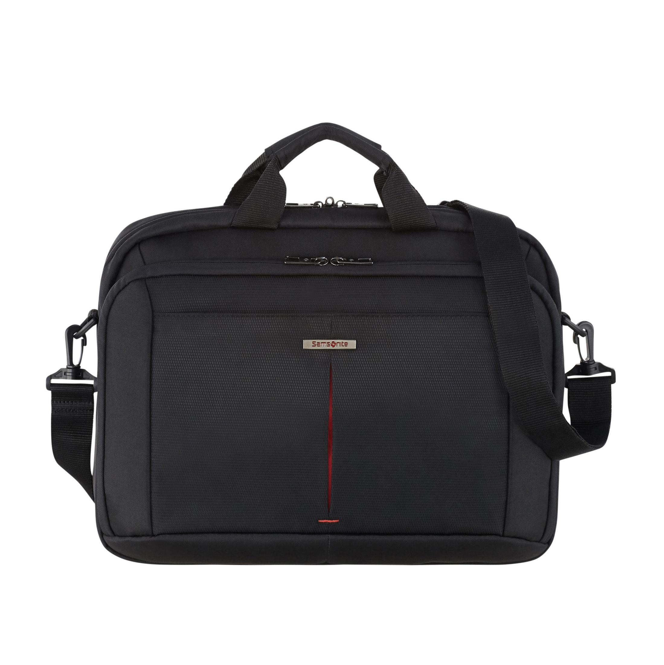 Valigetta Samsonite nera. Striscia rossa al centro. Tracolla e manici. Sfondo bianco.