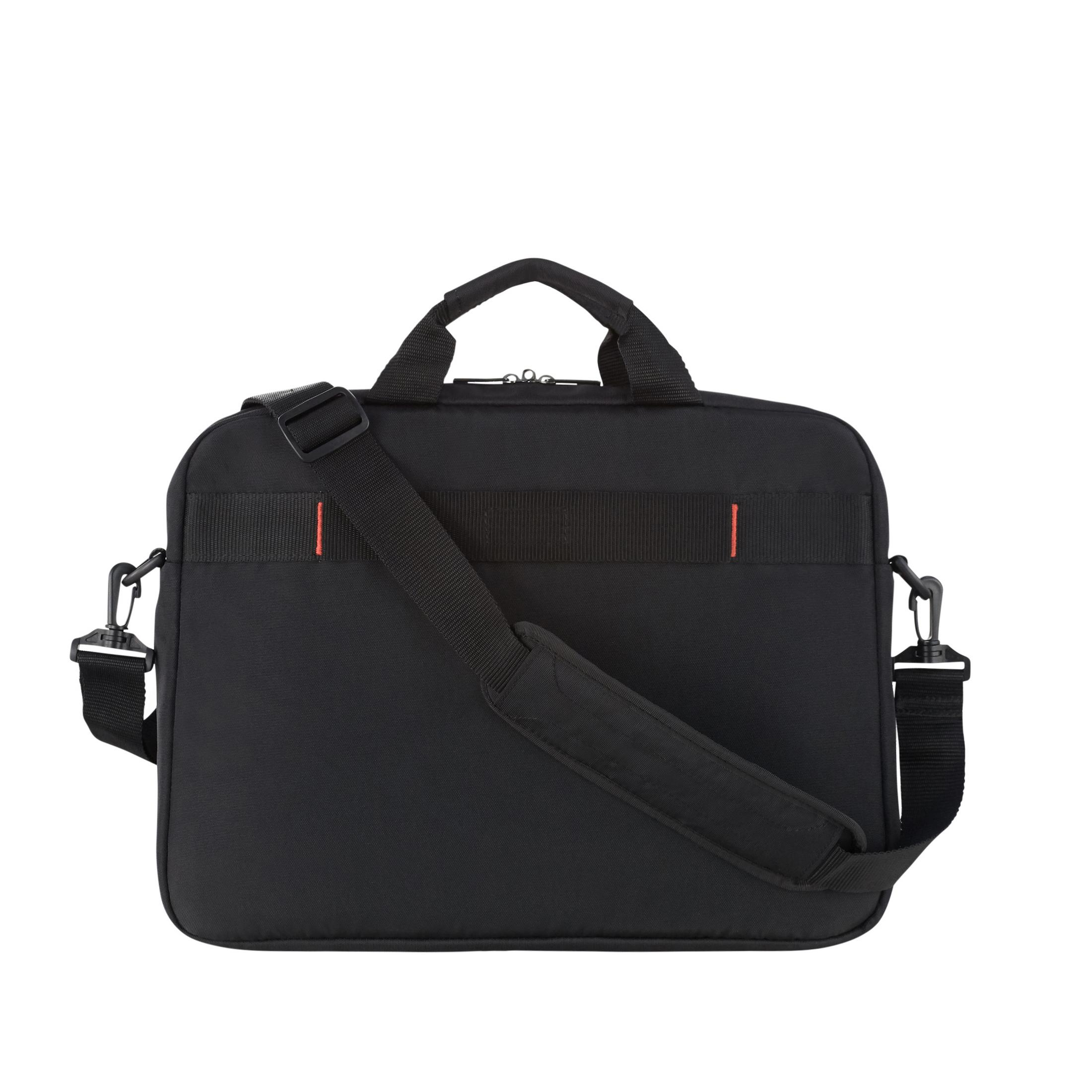 Una borsa nera per laptop con manico e tracolla, e linee rosse di accento.