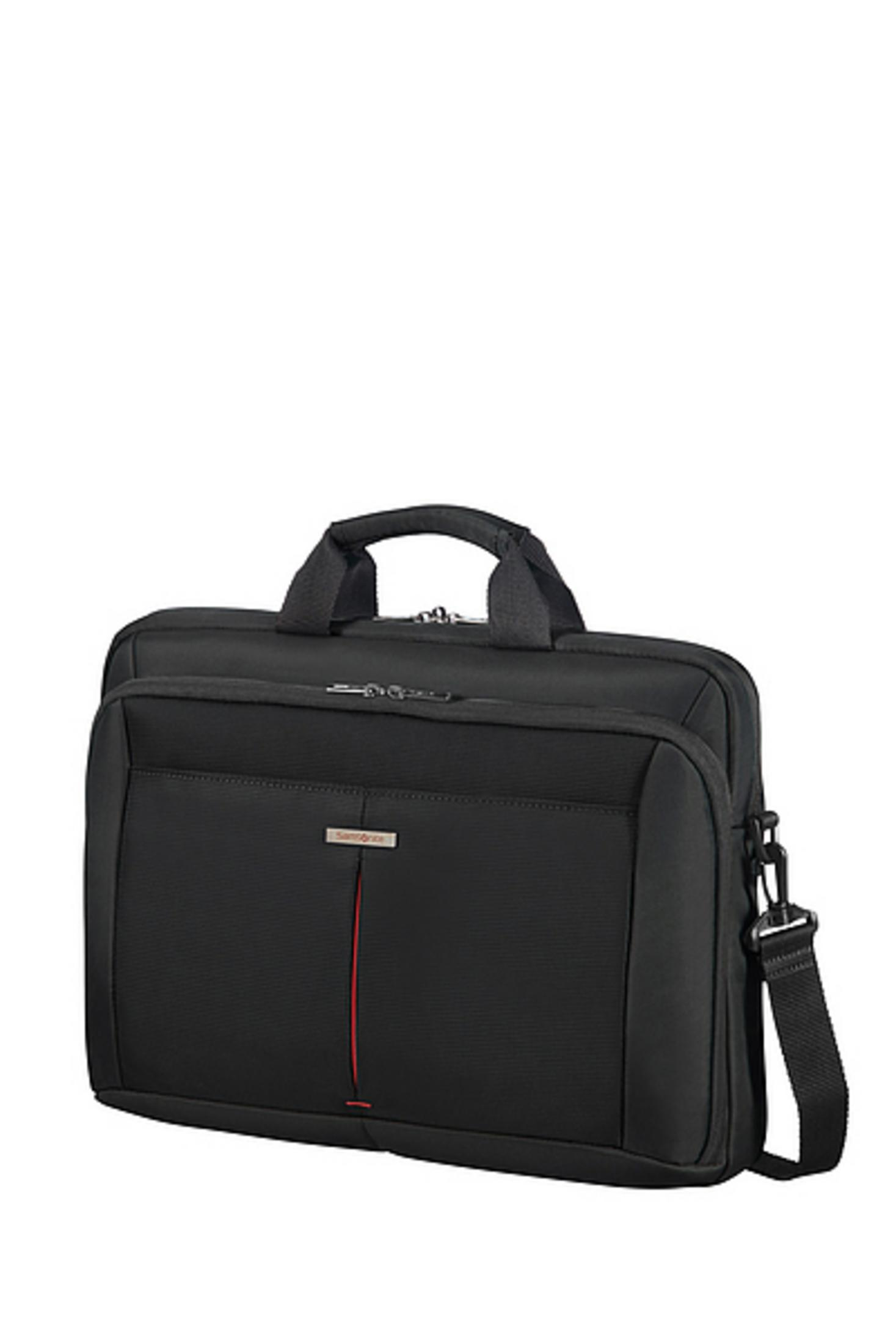 Valigetta nera Samsonite con manico, tracolla e una striscia verticale rossa su sfondo bianco.