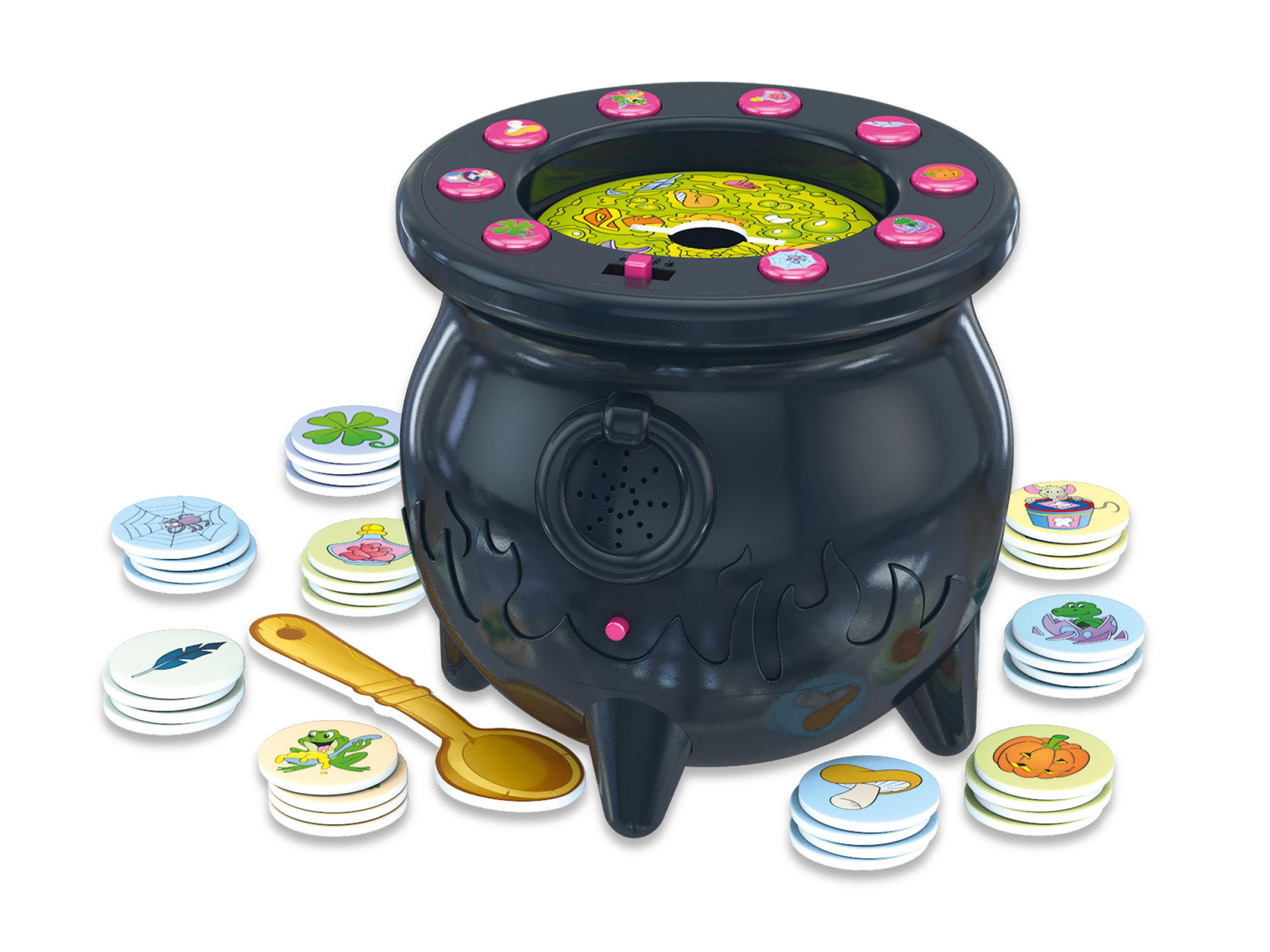 Gra w kociołek czarownicy z żetonami, łyżką i przyciskami. Białe tło.